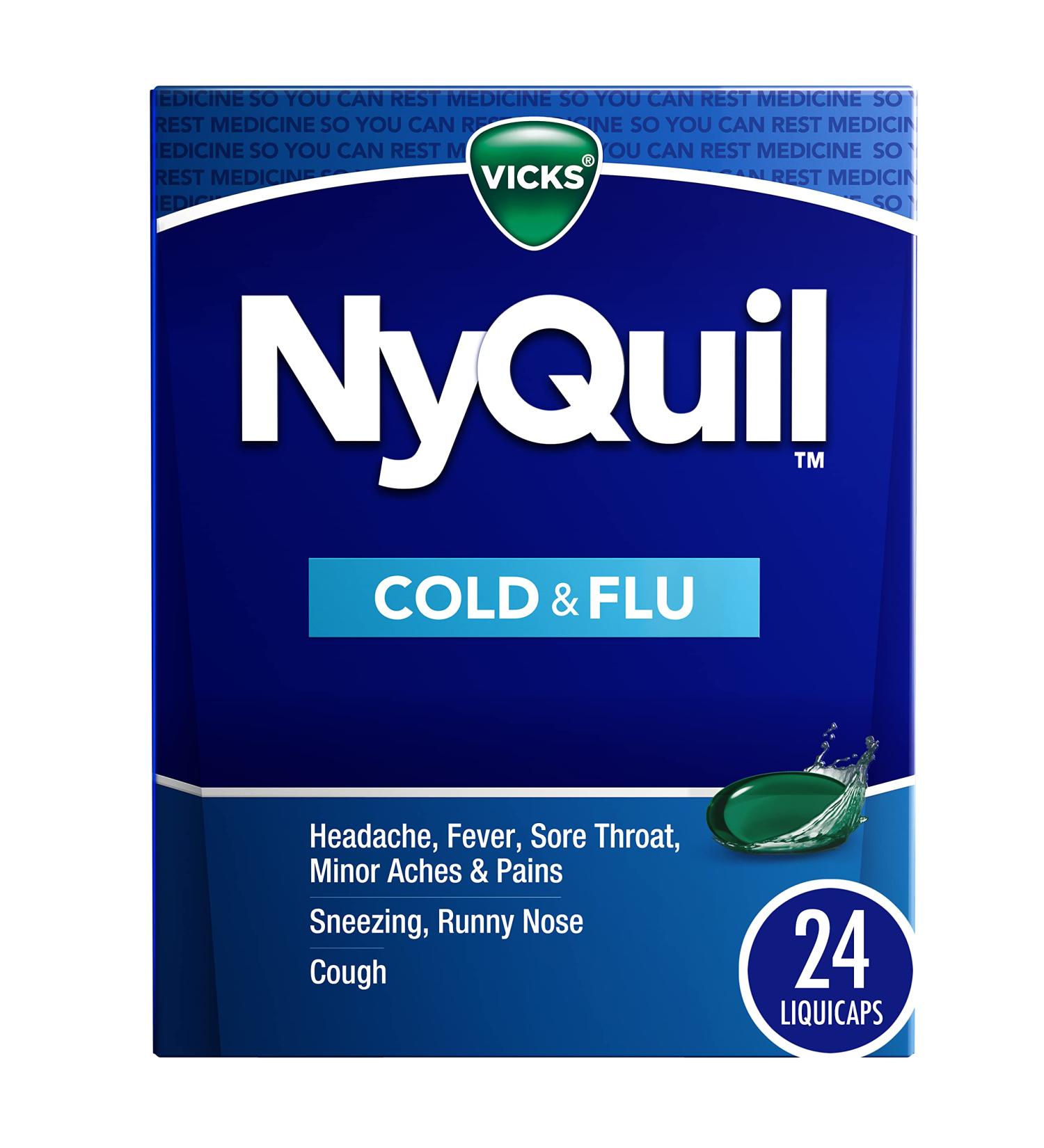 Vicks NyQuil Cough Cold & Flu Nighttime Relief - 24 LiquiCaps | Pharmacist Recommended Sore Throat, Fever, and Congestion Relief - Buy Online on GoSupps.com