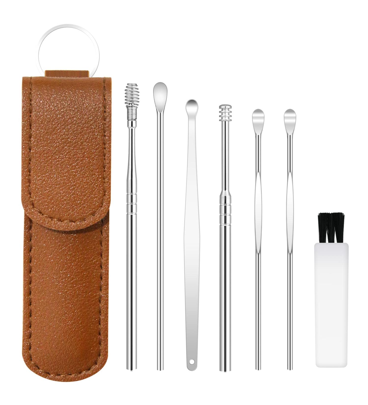 Earwax Cleaner Tool Set - 6 Pcs Spiral Stainless Steel Ear Picks Kit for Ear Wax Removal - Portable Cleaning Kit with PU Leather Case (Brown) - Buy Online on GoSupps.com