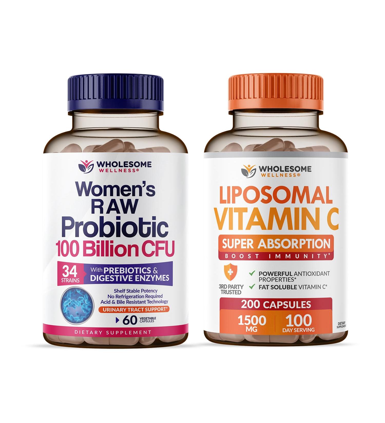 Wholesome Wellness Probiotics for Women 100 Billion CFUs with Prebiotics Digestive Enzymes + Liposomal Vitamin C Capsules High Absorption Ascorbic Acid Supplement Bundle - Buy Online on GoSupps.com