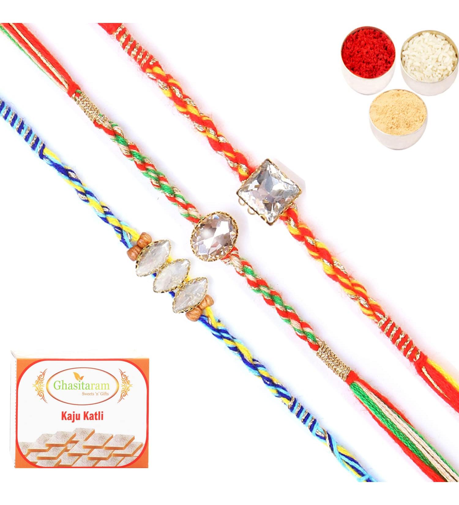 Ghasitaram Gifts Rakhi for Brother Rakhis Online - Set of 3 6300 6371 6400 Fancy Rakhis with 200 GMS of Kaju katli - Buy Online on GoSupps.com