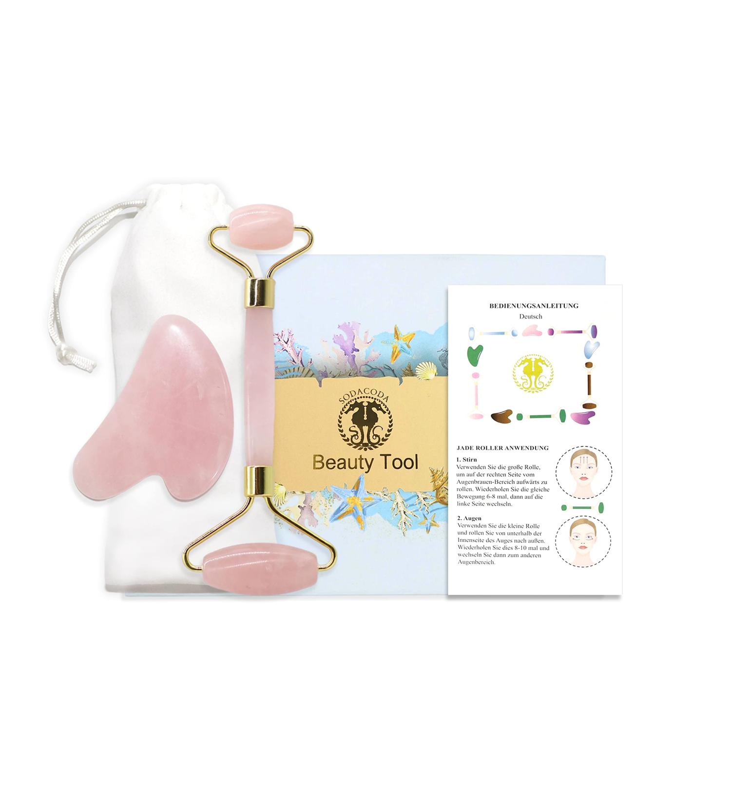 Sodacoda Gua Sha Set - Traditional Chinese Beauty Face Massage - Rose Quartz Scraper and Roller - Genuine Semi-Precious Stone from Madagascar - Buy Online on GoSupps.com