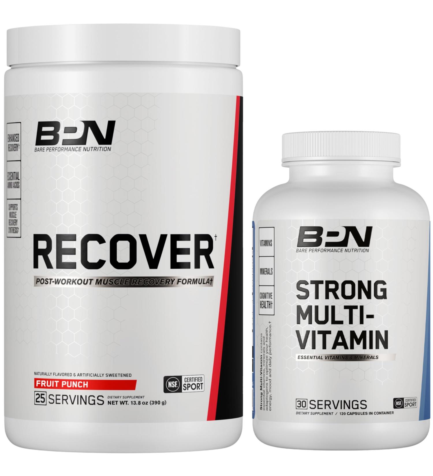 BARE PERFORMANCE NUTRITION BPN Strong Multi-Vitamin 30 Day Supply + Recover Post-Workout Muscle Recovery Drink Mix Fruit Punch 25 Servings | Foundational Health + Post-Workout Recovery Bundle - Buy Online on GoSupps.com