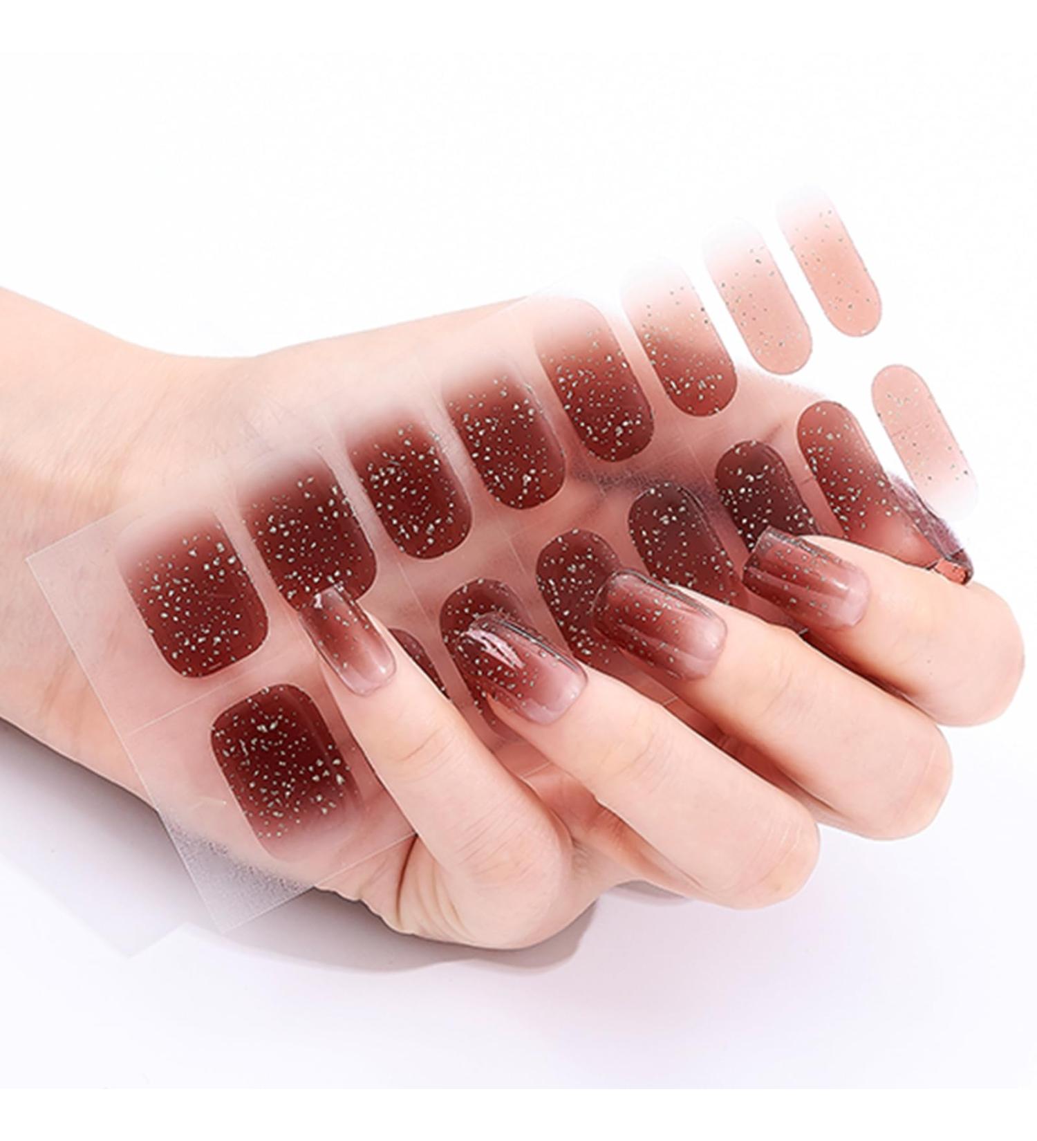Semi Cured Gel Nail Polish Stickers 16 Pieces Gel Nail Strips Self Adhesive Natural Gel Nail Wraps Red Brown Glitter Nail Art Stickers Decal Set with 2 Prep Pads Nail File & Wooden Stick - Exoticism - Buy Online on GoSupps.com