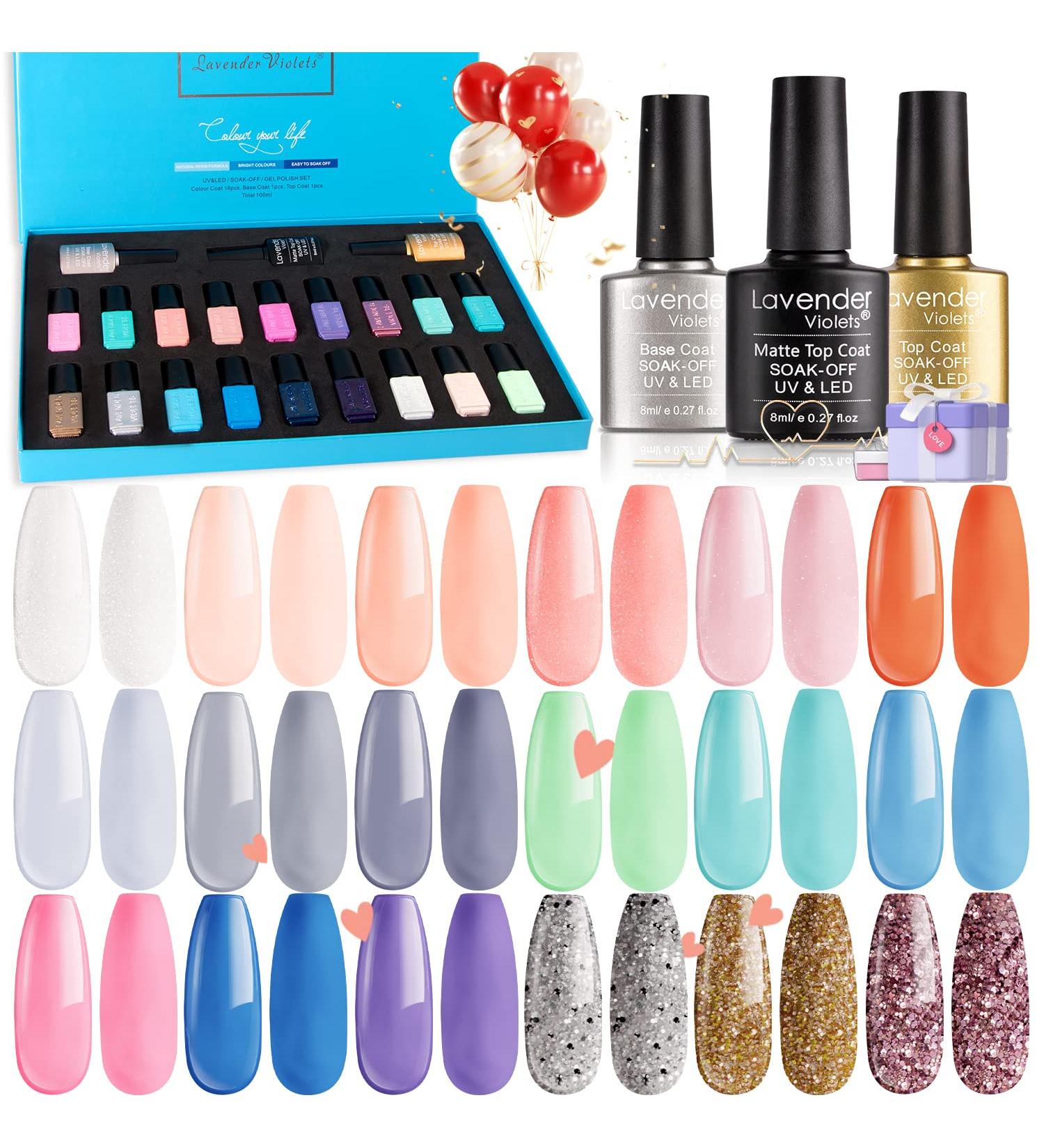 Lavender Violets 21 Pcs Gel Nail Polish Gift Set Spring Colours Soak Off UV LED Starter Kit Base Glossy n Matte Top Coat Orange Sliver Glitter White Pink 986C #21 Ocean Series-986C - Buy Online on GoSupps.com