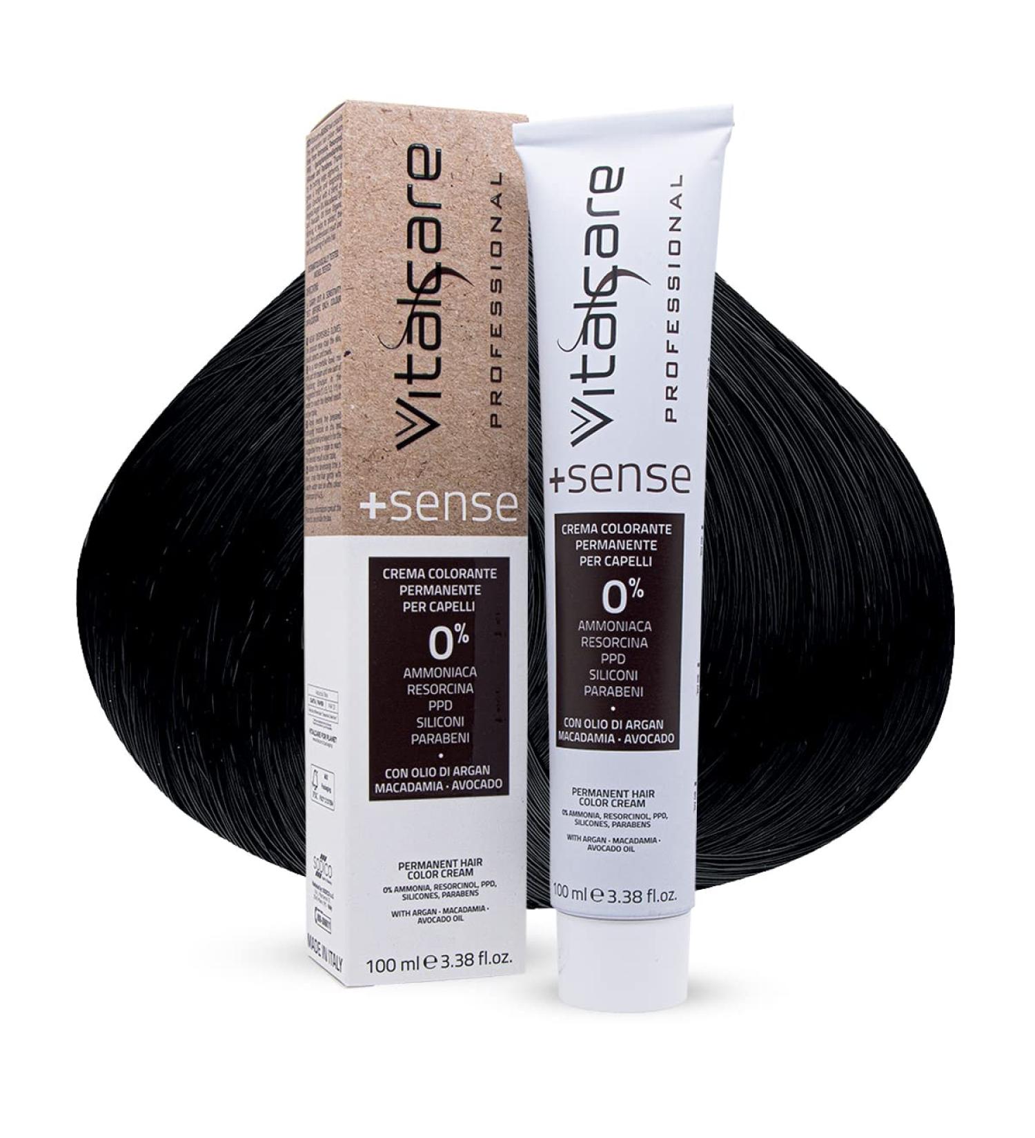  Vitalcare Vitalcare | +Sense - Professional Permanent Hair Color Ammonia-Free Resorcin PPD Silicones Parabens - With Argan Oil Macadamia and Avocado 1/00 Black 100 ml - Buy Online on GoSupps.com