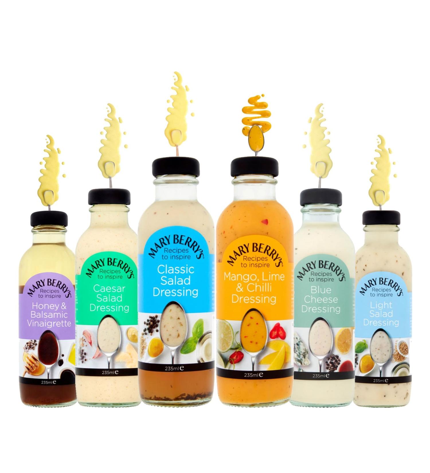 Mary Berry's Salad Dressing Pick N Mix - Choose From 4 Flavours | Classic-Dressing Caesar Salad-Dressing Mango Lime & Chilli Blue Cheese - Pack of 2 X 235ml - Buy Online on GoSupps.com