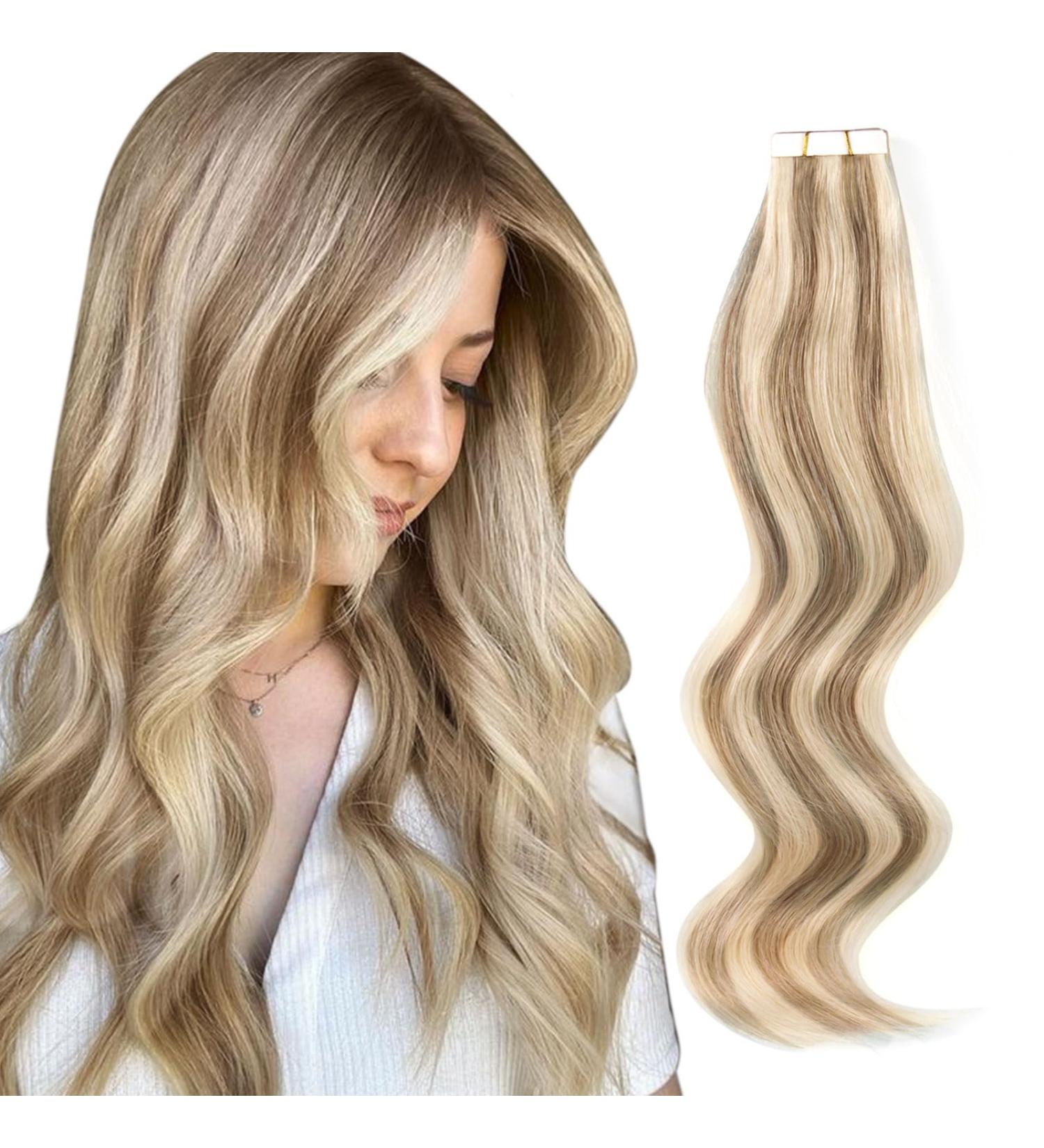 Beauty Hair Tape In Extensions - Real Hair 45 cm Ash Brown with Platinum Blonde Highlights 50g 20 Pieces - Skin Weft Invisible #p8-60 - Buy Online on GoSupps.com