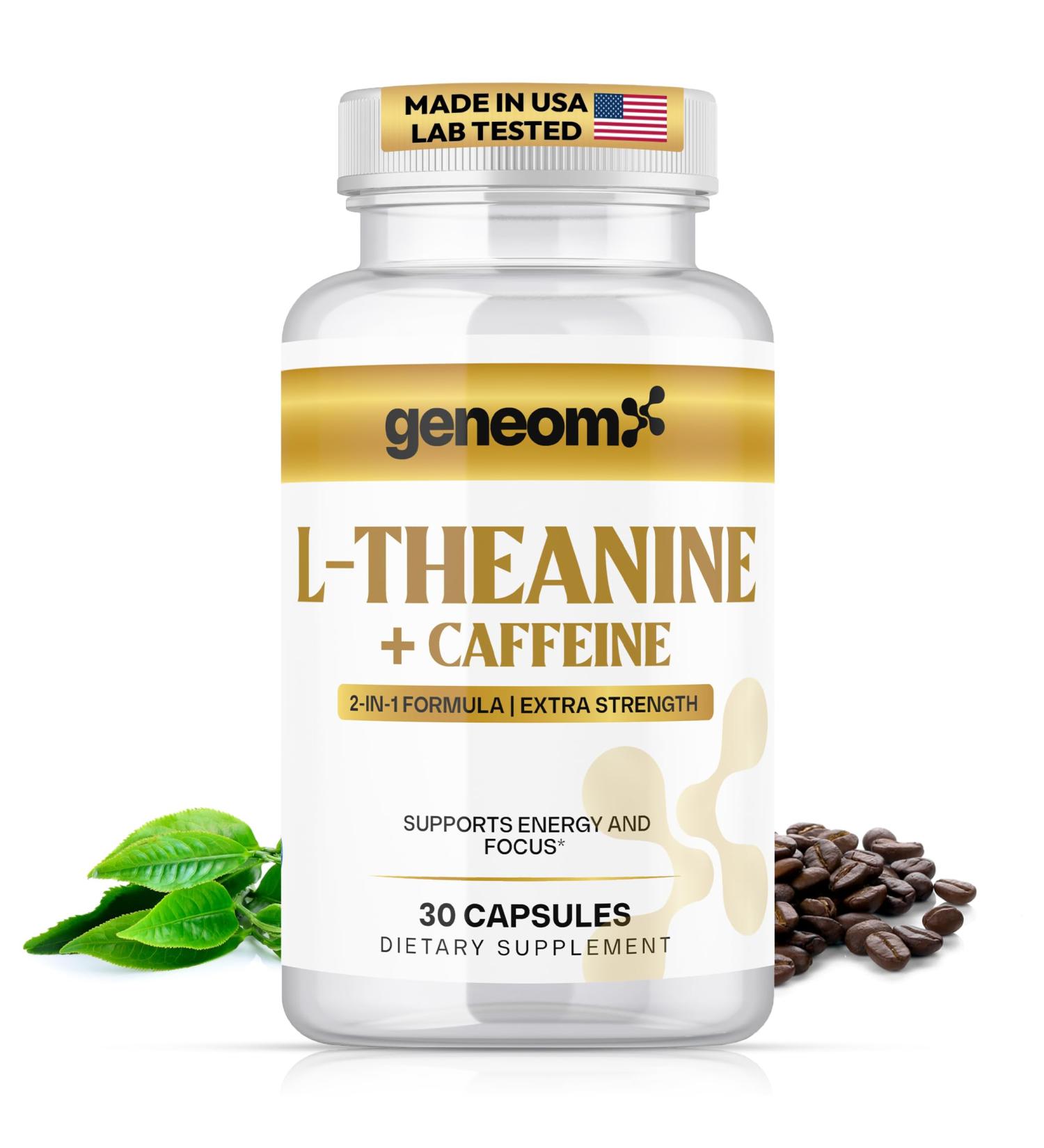 Geneomx L-Theanine + Caffeine Supplement - Extra Strength 2-in-1 Formula for Mental Clarity Energy and Focus with Natural Green Coffee Bean Extract Supports Calm & Alertness | 30 Vegetarian Capsules - Buy Online on GoSupps.com