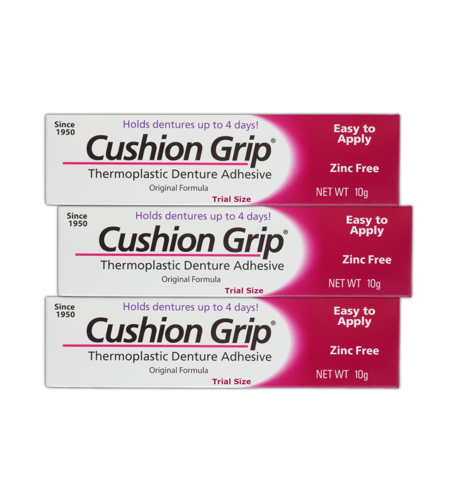 Cushion Grip Thermoplastic Denture Adhesive 0.35 oz Travel Size (Pack of 3) Refits and Tightens Loose Dentures for Up to 4 Days | Non-Glue Zinc-Free Waterproof Formula Acts Like a Soft Reliner - Buy Online on GoSupps.com