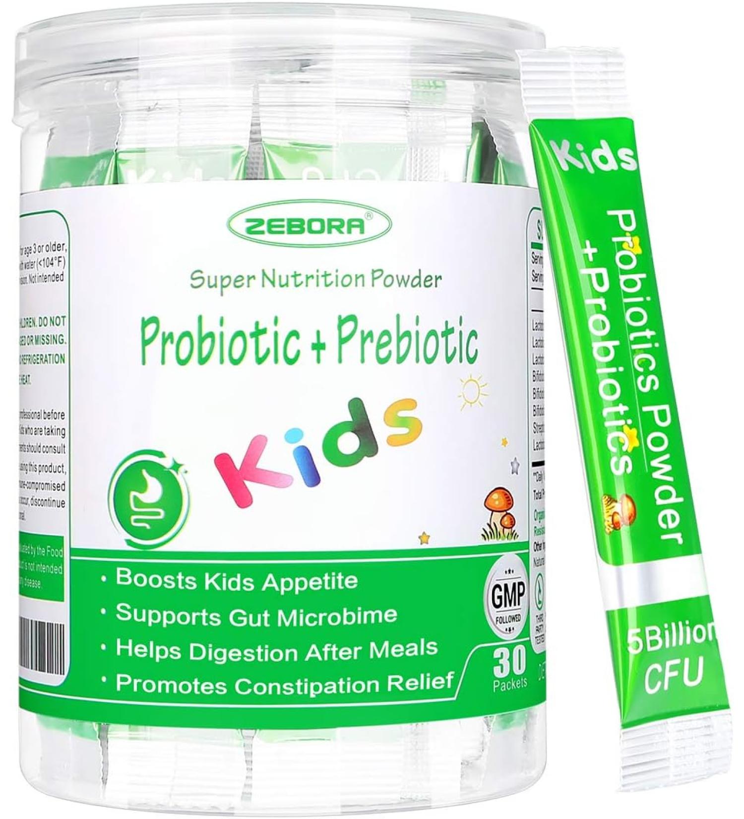 ZEBORA Kids Probiotic & Prebiotics Powder | Age 3+ | Digestive & Immune Support | Constipation Relief | Non-GMO | Gluten-Free | 30 Packets - 5 Billion CFUs - Buy Online on GoSupps.com