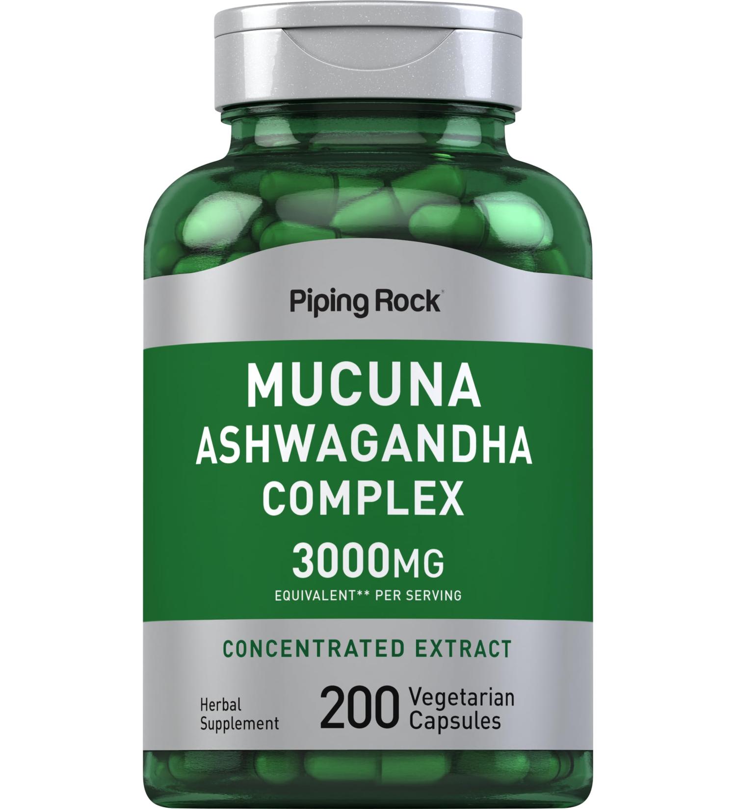 Piping Rock Mucuna Ashwagandha 3000mg | 200 Capsules | Complex Extract Supplement for Women and Men | Vegetarian Non-GMO Gluten Free - Buy Online on GoSupps.com