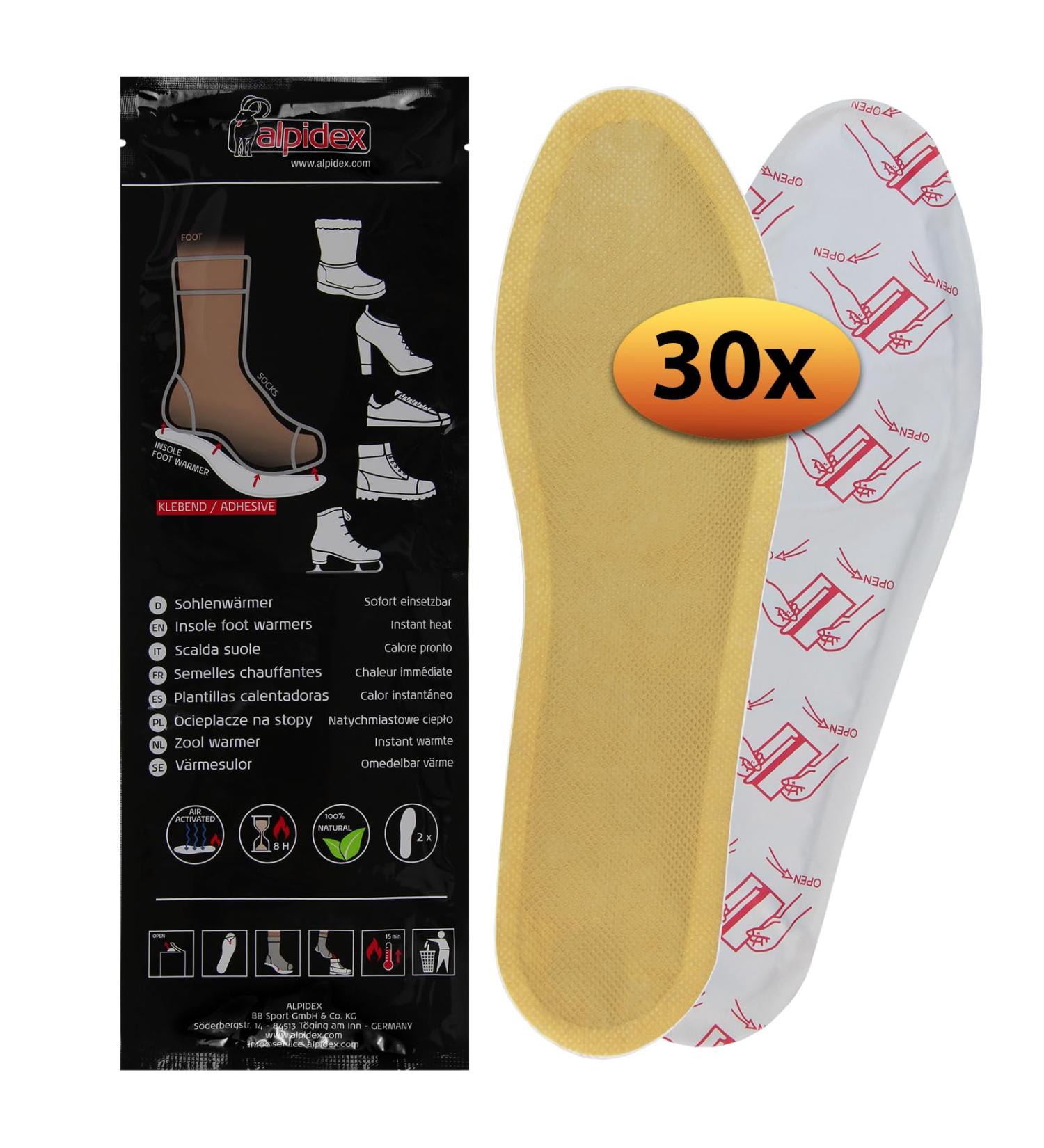 Alpidex Heat Soles Foot Warmer - 30 Pairs Adhesive Heat Pads for 8 Hours of Warm Feet | Natural Shoe Warmer Inserts Size M (39-42) - Buy Online on GoSupps.com