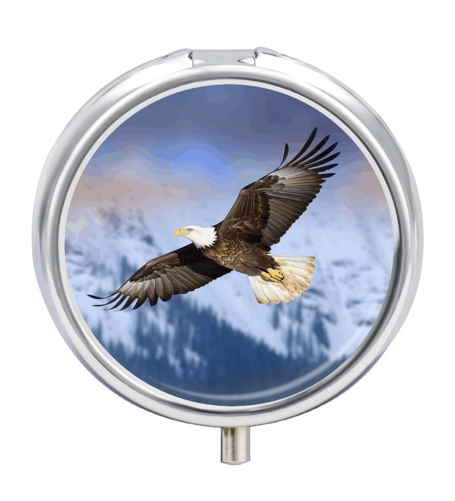 Round Bald Eagle Flying Print 3-Compartment Pill Box | Decorative Metal Portable Organizer | International Shipping Available - Buy Online on GoSupps.com