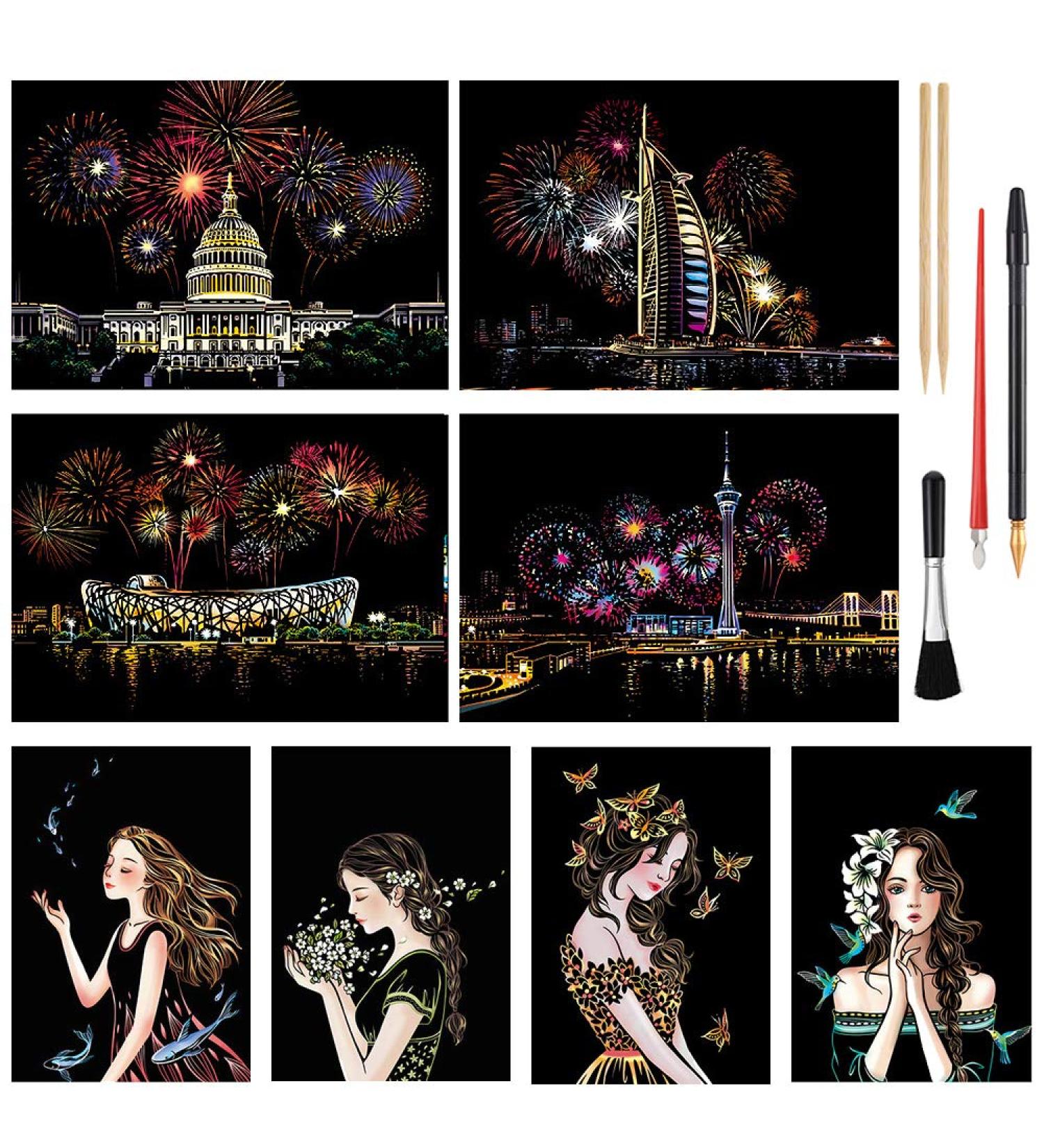 Scratch Art Rainbow Painting Paper - DIY City Crafts for Women, Engraving Art for Kids & Adults - Easter & Christmas Birthday Gift Set - 8 Sheets - Fireworks & Girls - Buy Online on GoSupps.com