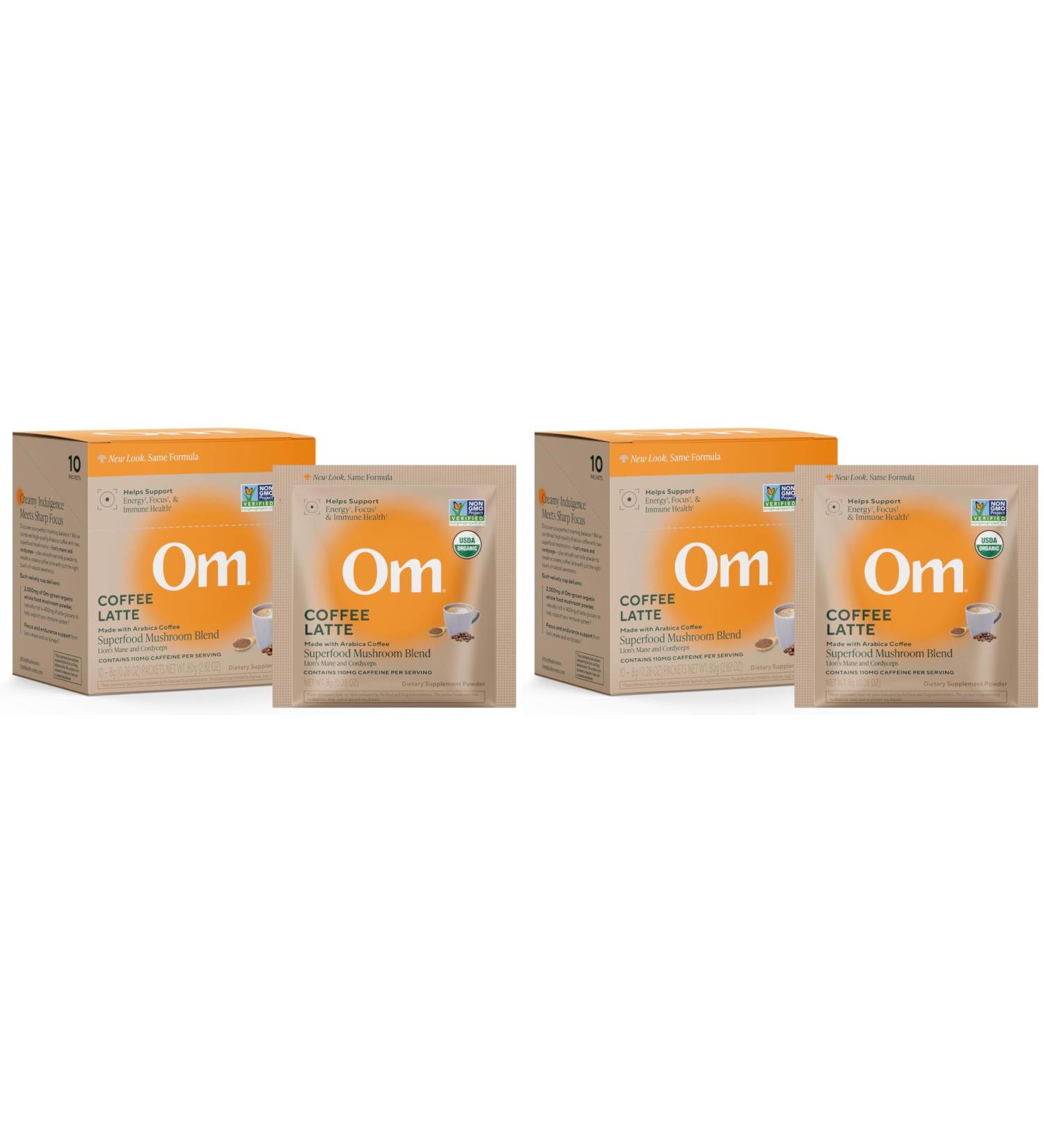Om Mushroom Superfood Coffee Latte Blend Mushroom Powder Single Serve 10 Count Lion's Mane Cordyceps Reishi Chaga Energy & Mental Clarity Support Supplement (Pack of 2) - Buy Online on GoSupps.com