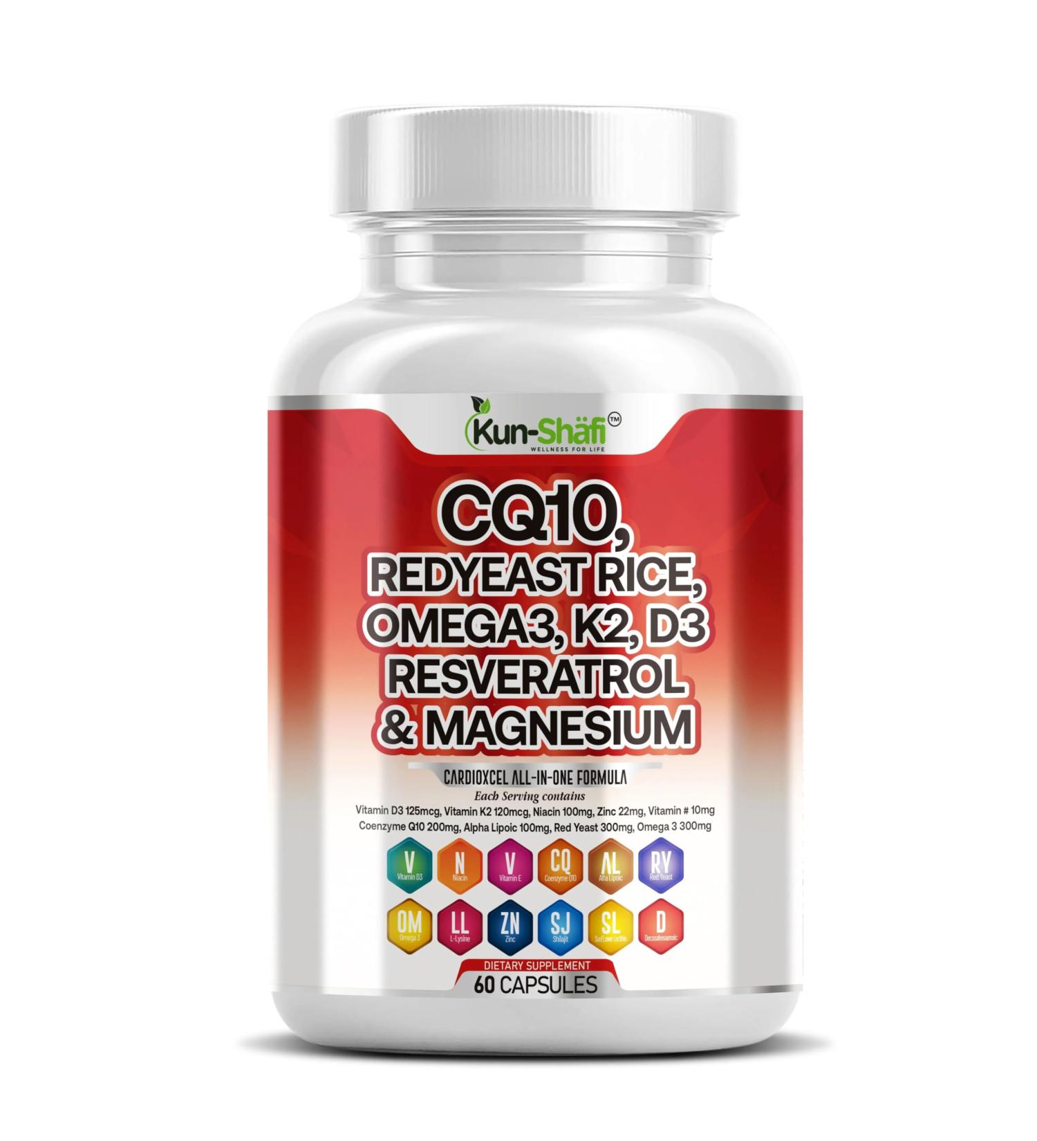 Kun Shafi COQ10 250mg Red Yeast Rice Omega-3 PQQ Nattokinase Resveratrol & More Heart & Cardiovascular Support Supplement for Women & Men with Vitamin D3 K2 E Zinc 60 Ct - Buy Online on GoSupps.com