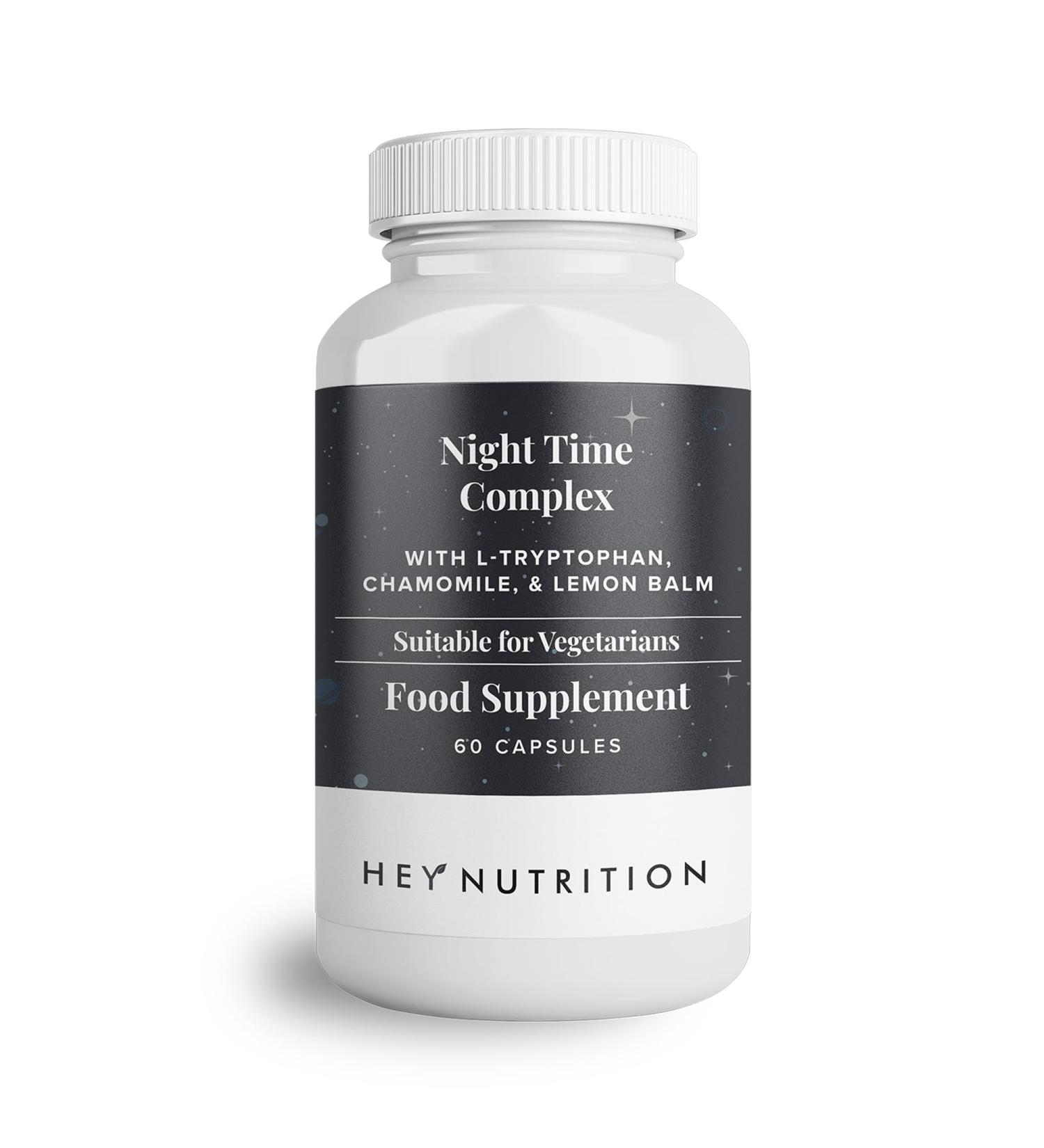 Hey Nutrition Night Time Complex - 100mg L-Tryptophan, Chamomile, Lemon Balm - 60 Vegetarian Capsules - Buy Online on GoSupps.com