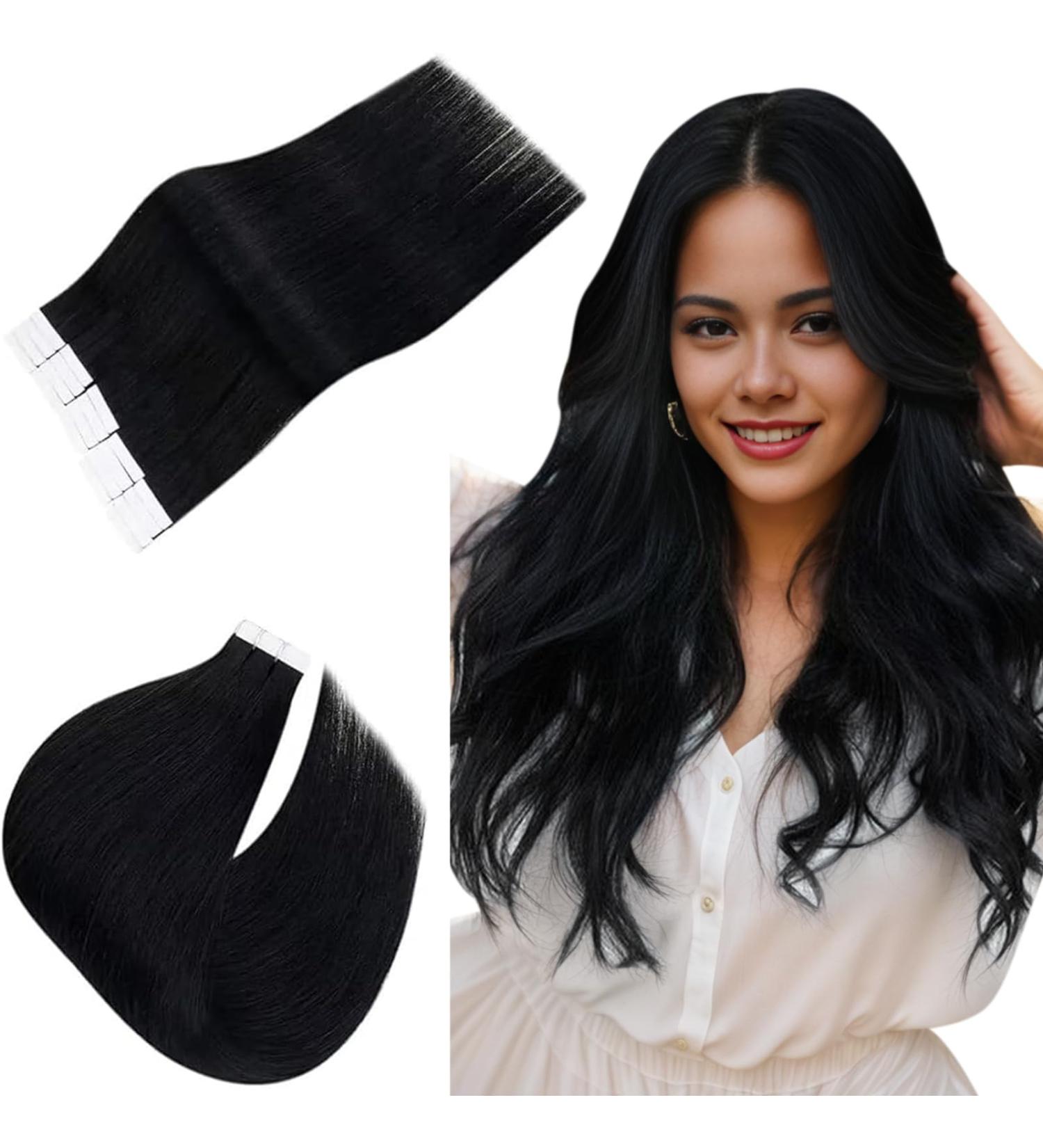 Easyouth Remy Tape In Real Hair Extensions 24 Inch Black Smooth Tape Extensions (Color #1 50g) - Buy Online on GoSupps.com