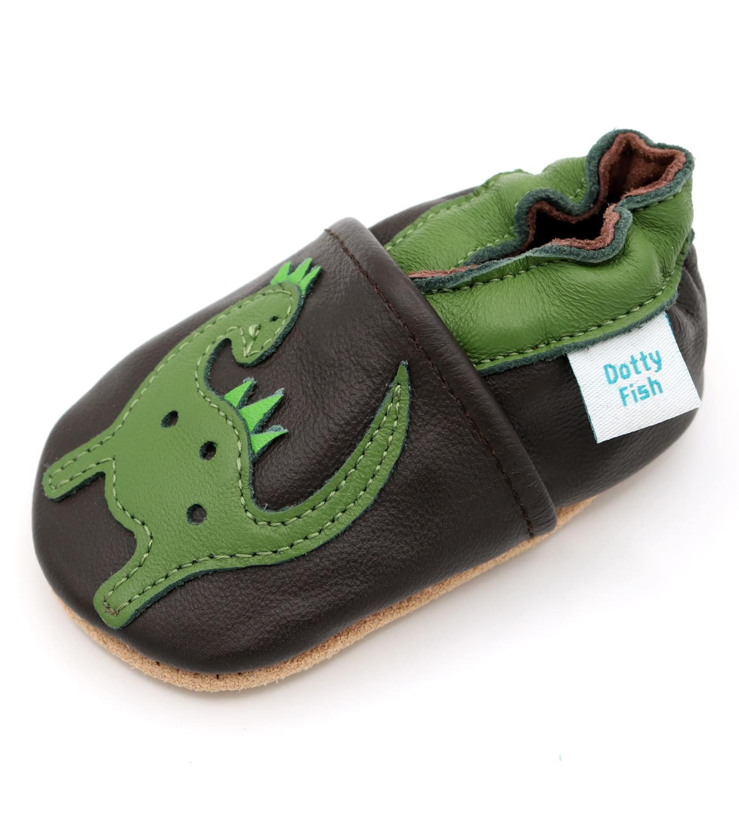Dotty Fish Soft Leather Baby Shoes for Boys | Non-Slip Toddler Shoes | Green Dinosaur Design | 4-5 Years - Buy Online on GoSupps.com