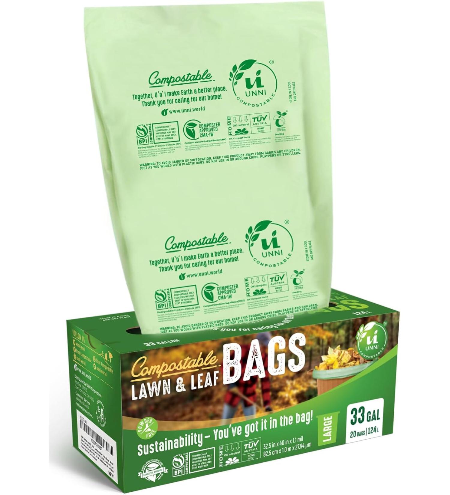 UNNI 100 Compostable Bags 30-33 Gallon 124 Liter 20 Count Extra Thick 1.1 Mils Lawn  Leaf Yard Waste Bag Non-GMO ASTM D6400 EN 13432 US BPI  Europe OK Compost Home Certified San Francisco 33 Gallon 20 Count (P - Buy Online on GoSupps.com