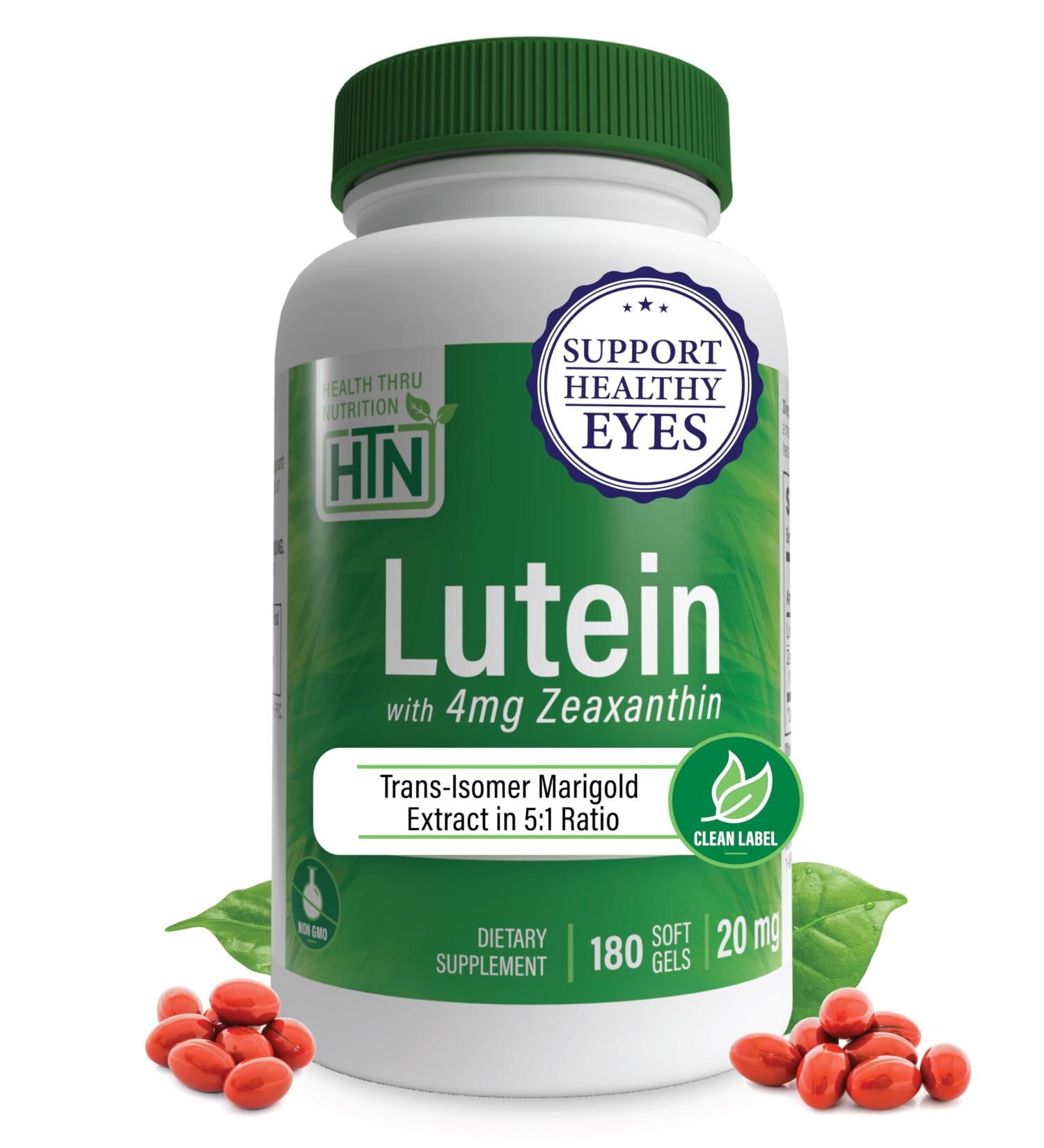 Lutein 20mg with Zeaxanthin 4mg 180 Softgels | All-Trans Marigold Extract in Nature Identical 5:1 Ratio | Supports Healthy Eye Skin and Brain | Non-GMO Soy & Gluten Free | by Health Thru Nutrition 180 Softgels (Pack of 1) - Buy Online on GoSupps.com