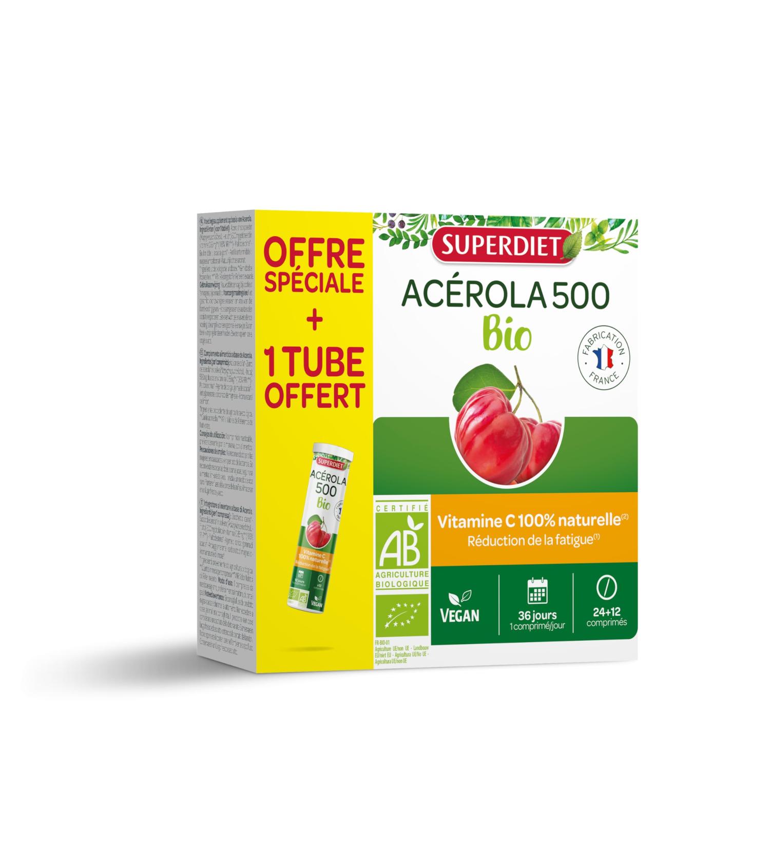 SUPERDIET- AC ROLA 500 BIO - Haute concentration en Vitamine C- R duction de la fatigue - 24 comprim s croquer+1 TUBE OFFERT 36 unit (Lot de 1)