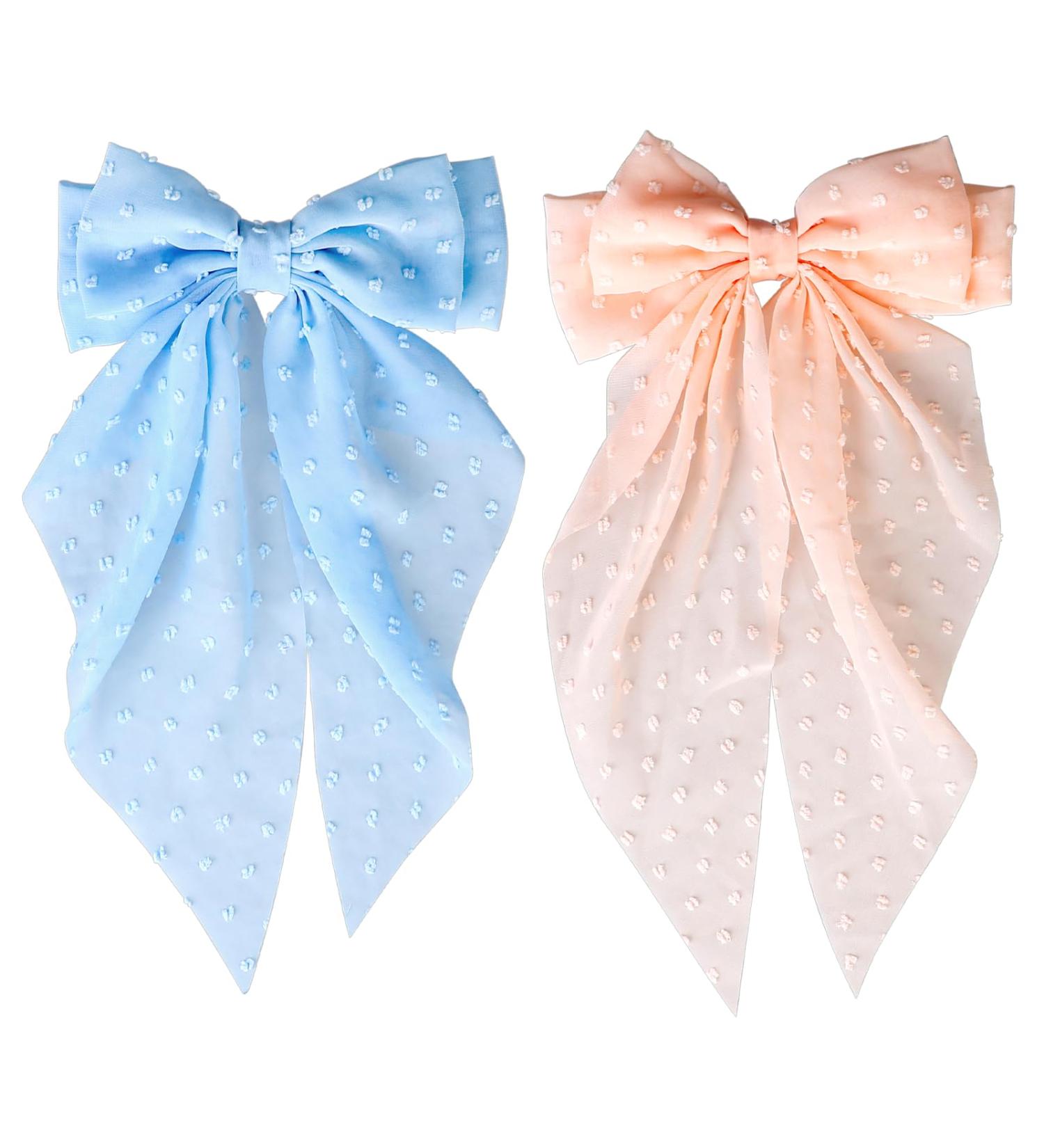 Silky Satin Hair Bows 2 PCS Big Pink/Blue Bow Hair Clips Set Bowknot Metal Spring Clip Oversized Long Tail Hair Ribbons Ponytail Holder French Hair Barrettes Hair Styling Accessories for Women - Buy Online on GoSupps.com