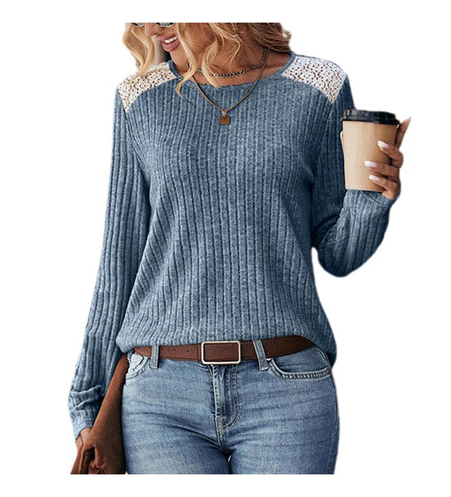 Buy Women's Casual Top - Lace Stitching Round Neck Long Sleeve Shirt Sweater in Blue | Stylish Ladies Fashion for Girls - Buy Online on GoSupps.com