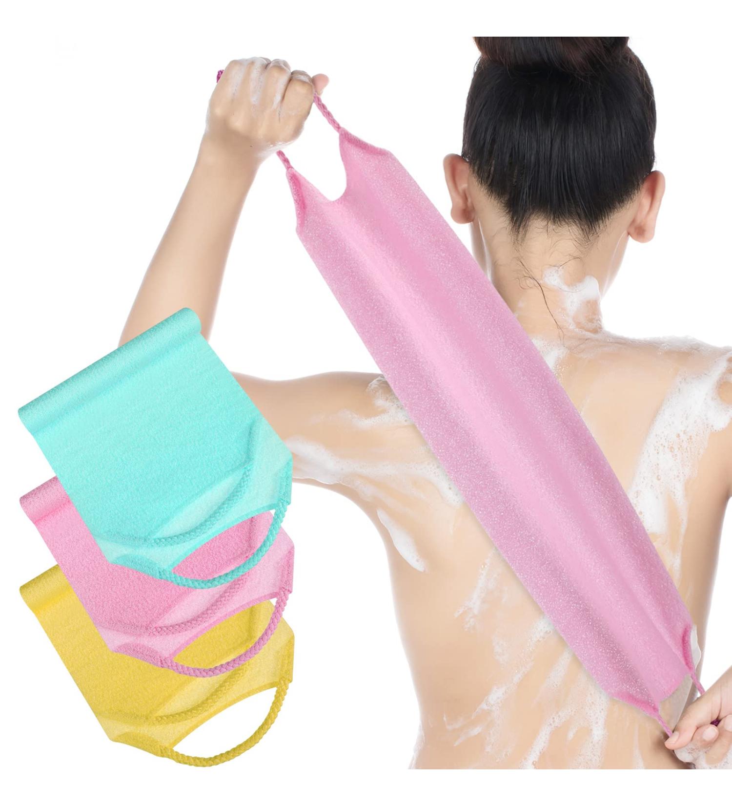 3 Pack Exfoliating Back Scrubber Set - Nylon Washcloth Body Exfoliator Brush with Handles for Shower and Bath - Pink Blue Yellow - Buy Online on GoSupps.com