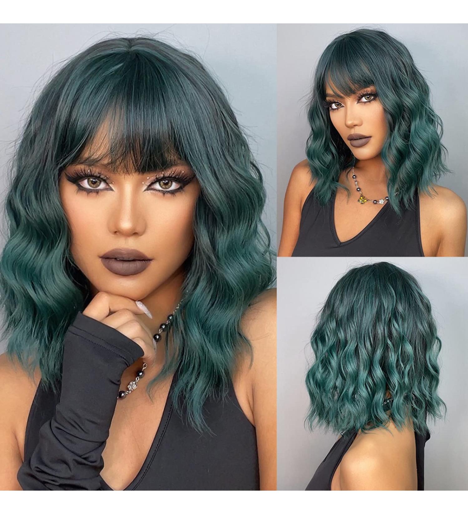 Haircube Short Bob Wig with Bangs - Dark Green Heat-Resistant Synthetic Fiber for Women | Party Cosplay & Daily Wear - Buy Online on GoSupps.com