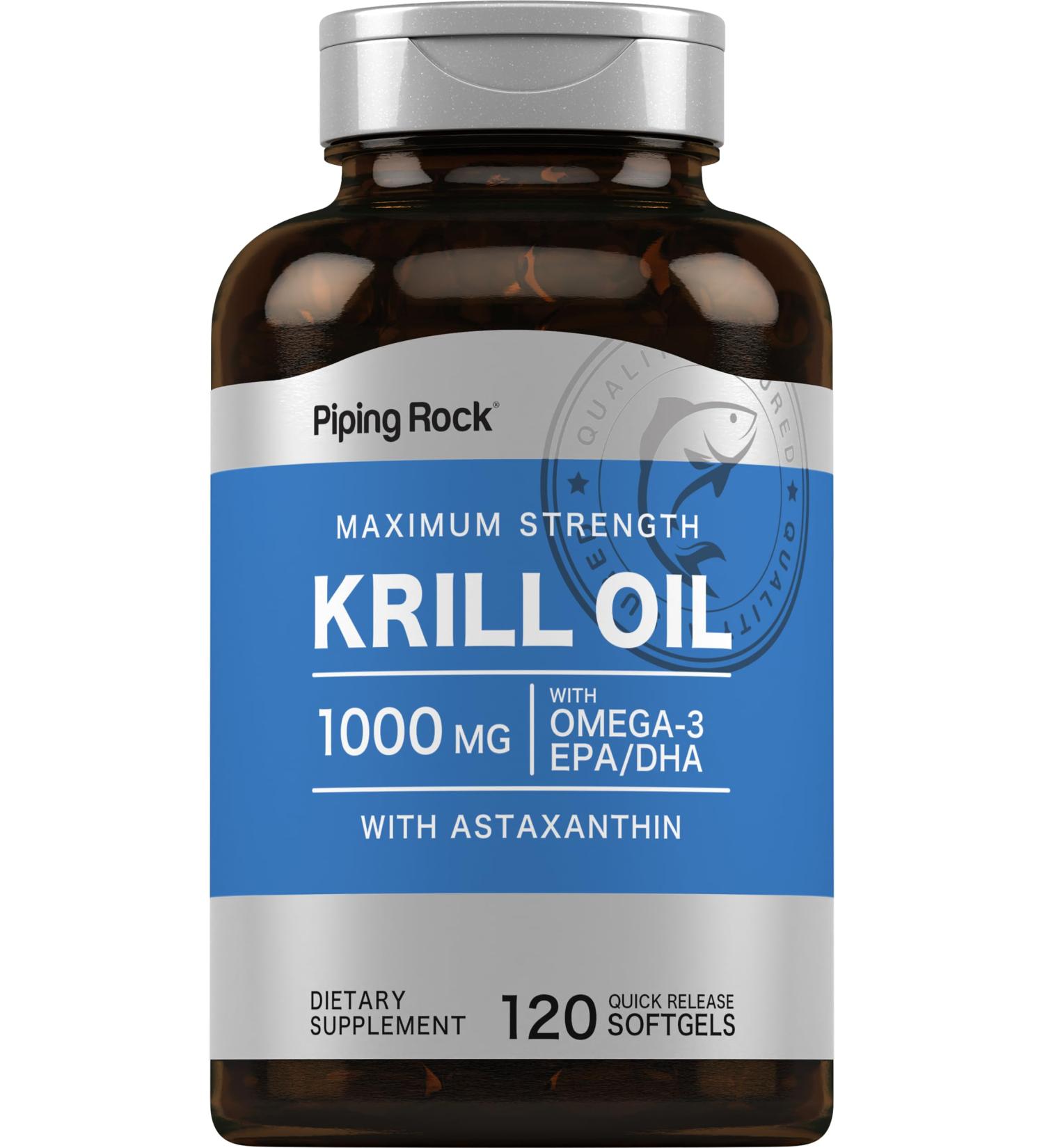 Piping Rock Krill Oil 1000mg Softgels | 120 Count | Omega 3 EPA DHA Supplement | with Astaxanthin | Maximum Strength |Non-GMO Gluten Free - Buy Online on GoSupps.com