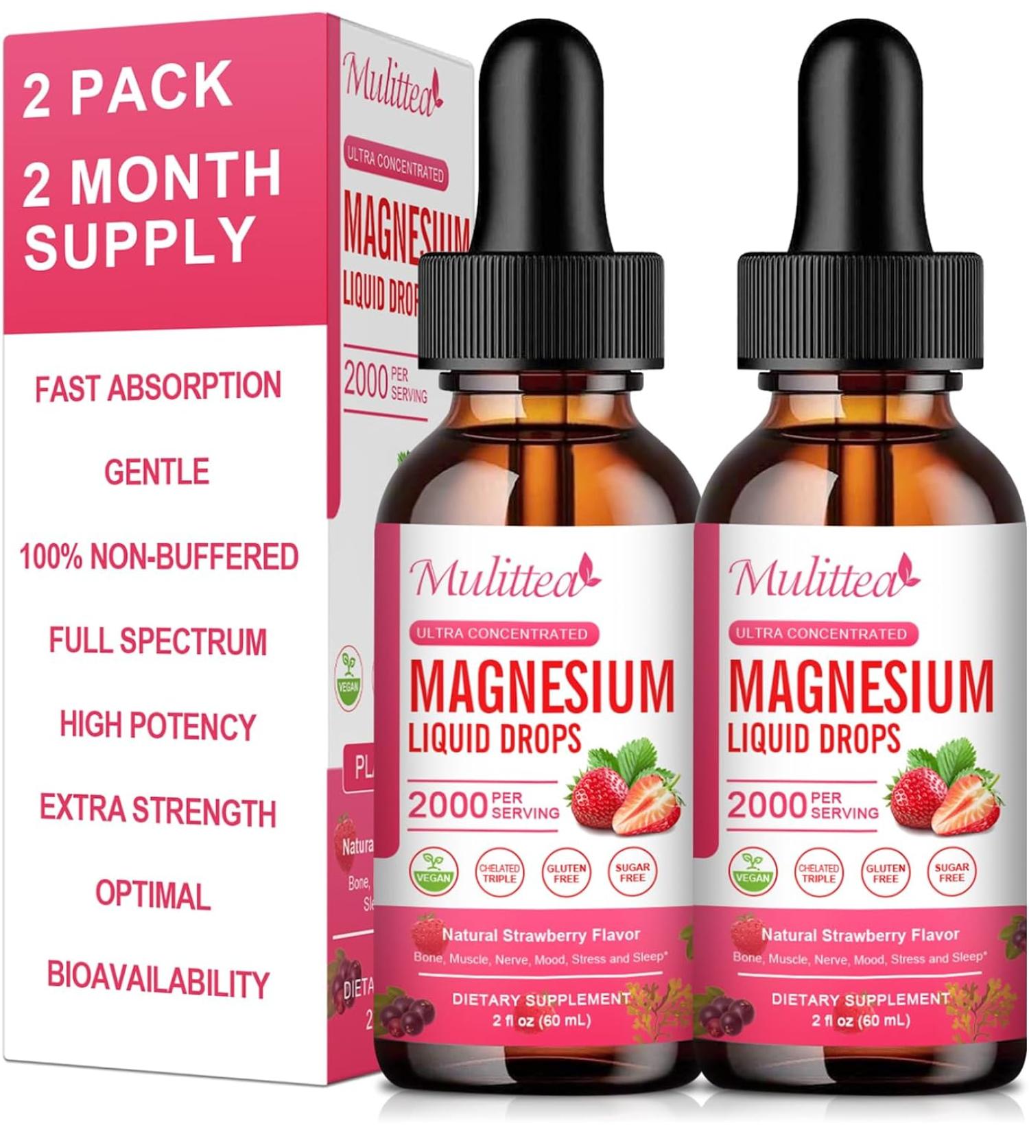 2-Pack Magnesium L-Threonate Supplement 1000mg for Nerv & Muscle Support - Sugar-Free Strawberry Liquid Drops - Promotes Relaxation & Sleep - 2 Fl Oz - Buy Online on GoSupps.com