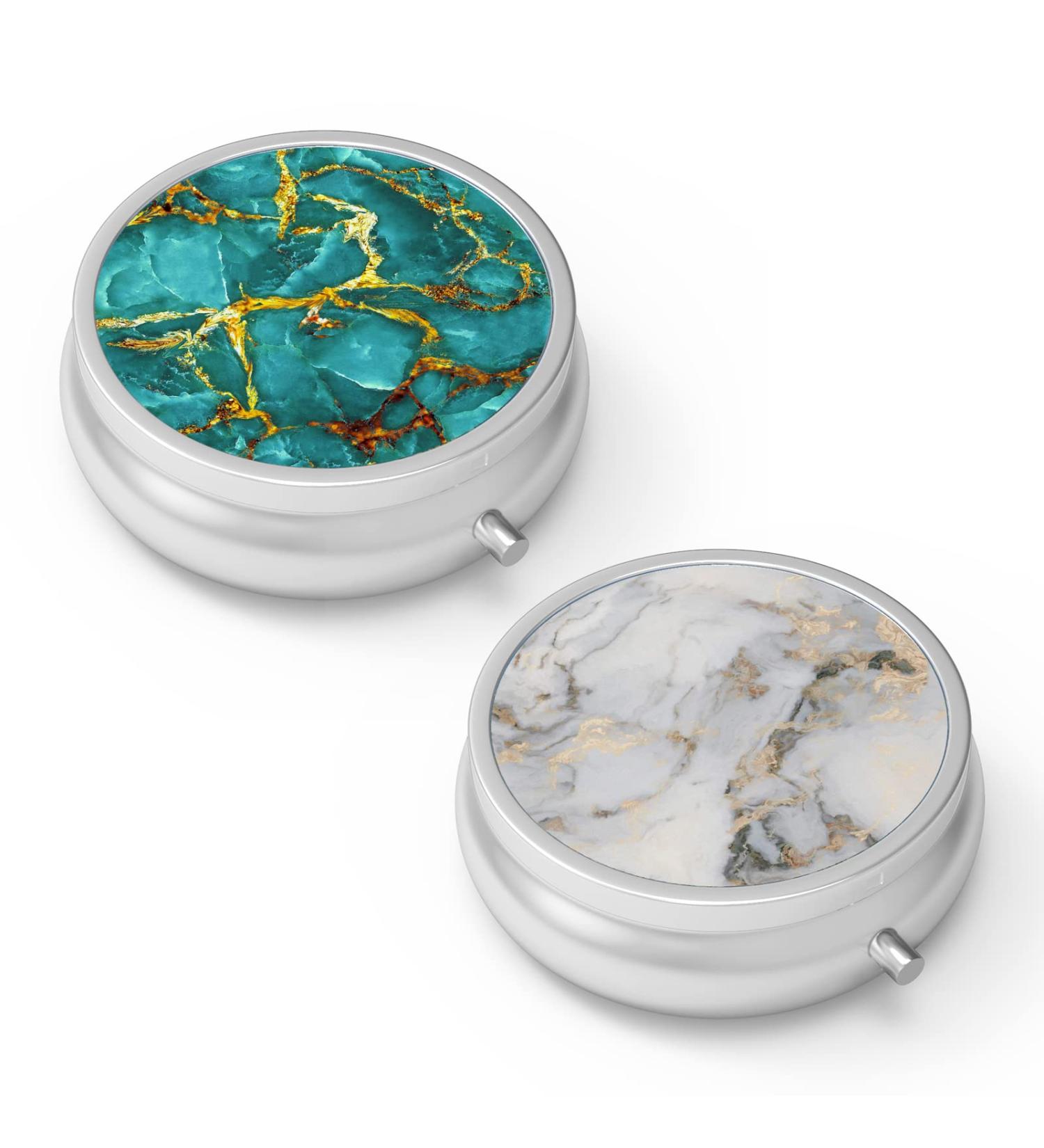 Portable Pill Organizer - Decorative 3-Compartment Medicine Dose Box Set (2 pcs) in Emerald Green Marble & Gray Marbling Gold - Ideal Travel Accessory & Unique Gift - Buy Online on GoSupps.com