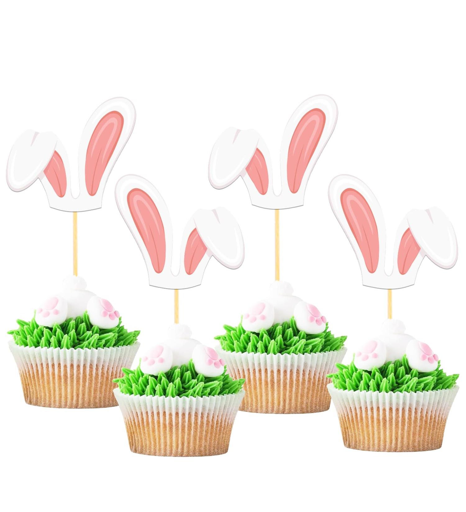 24Pcs Easter Bunny Ear Cupcake Toppers for Happy Easter Decorations Easter Rabbit Ear Cake Topper for Easter Theme Birthday Baby Shower Party Supplies (Ear P) - Buy Online on GoSupps.com