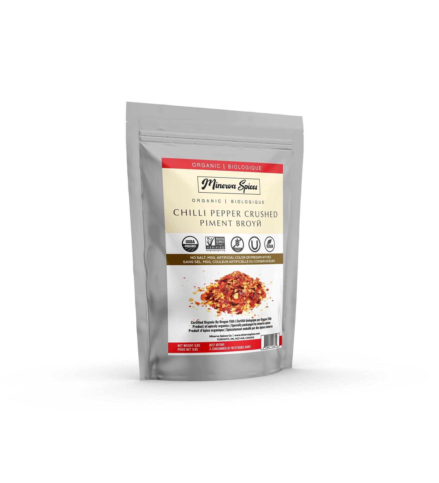 Minerva Spices Organic Chili Pepper Crushed 1 Pound 453 Grams Premium Quality 100% Pure Non-GMO Vegan Gluten-Free and Kosher certified