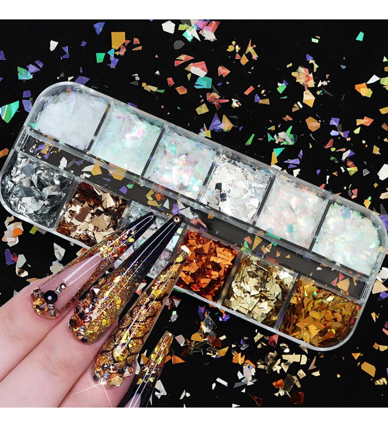 Holographic Nail Glitter Flakes | 12 Grids 3D Irregular Sequins | Shiny Gold & Silver Nail Art Supplies | Vintage Glitter for UV Gel Nails Design - Buy Online on GoSupps.com