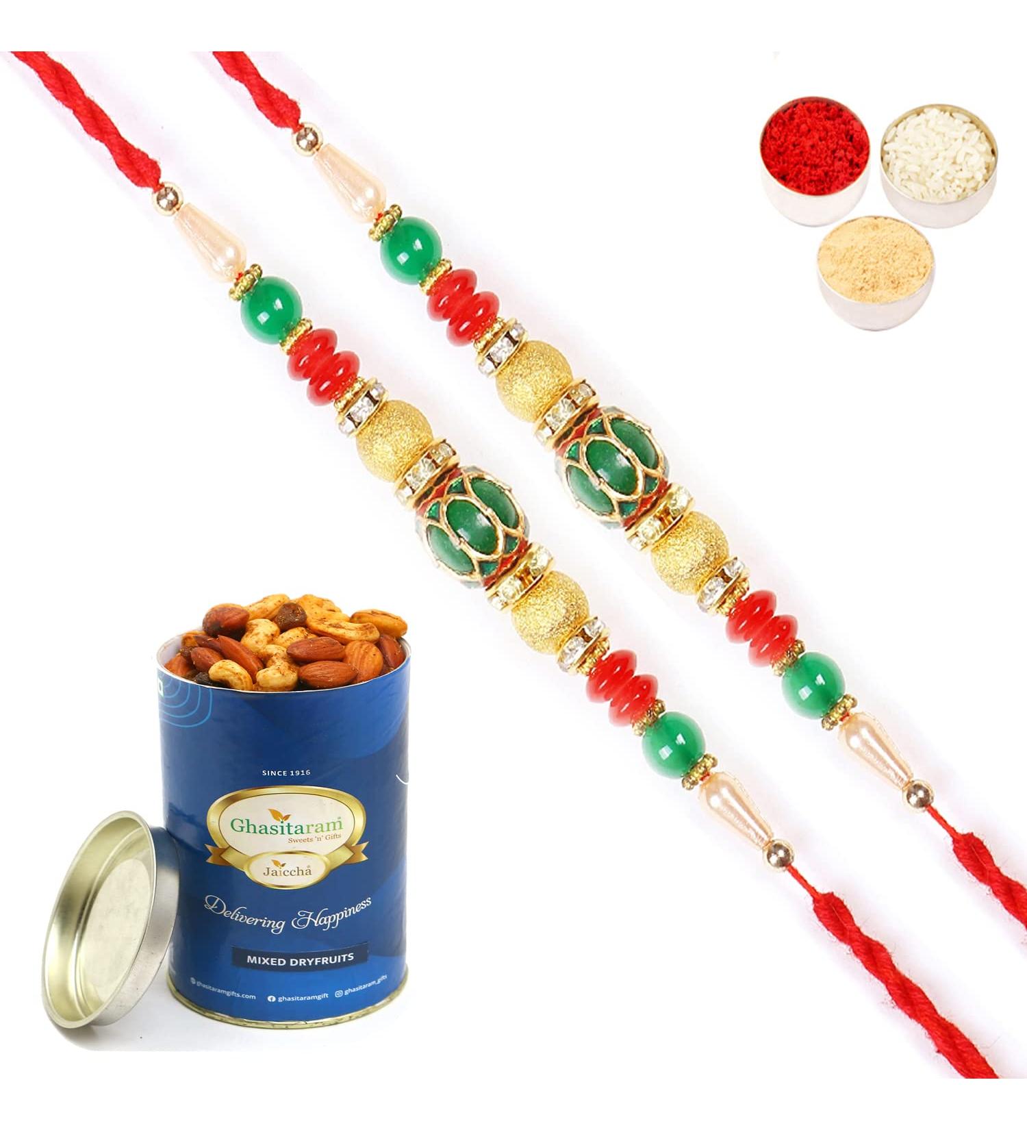 Ghasitaram Gifts Rakhi for Brother Rakhis Online - Set of 2-2K-270 Fancy Thread Rakhis with 100 GMS of Dryfruits Mix Can 2 Rakhi with 100 gms of Dryfruits Mix Can - Buy Online on GoSupps.com