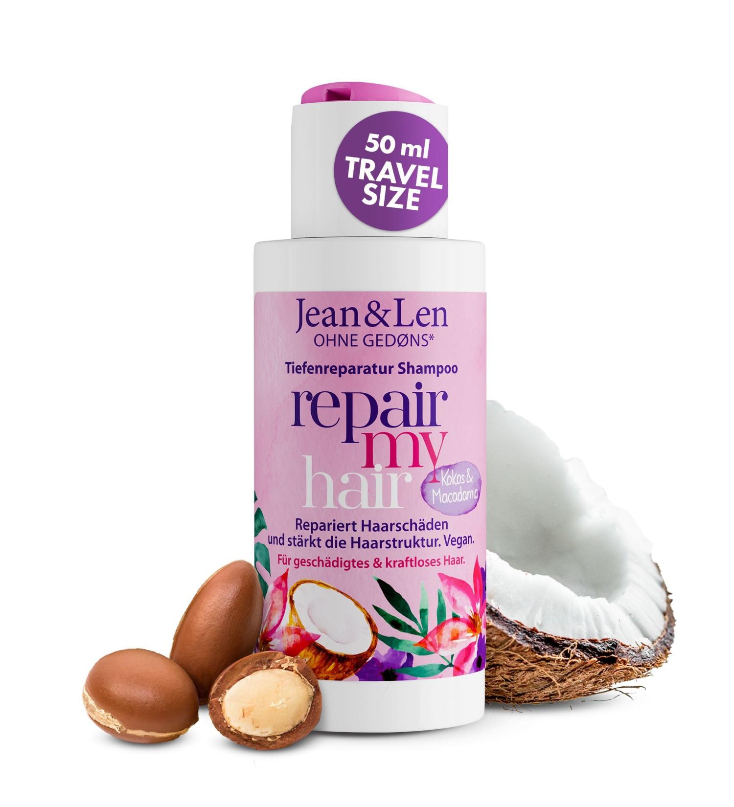 Jean & Len Shampoo Repair Coconut Oil Macadamia for damaged & weak hair repairs brittle hair 50 ml travel size 1 piece - Buy Online on GoSupps.com