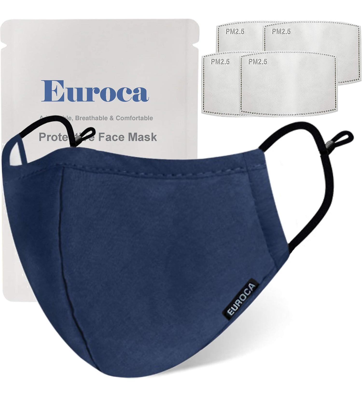 Euroca 4 Layer Cloth Face Mask Reusable Washable Adjustable For Adult -4 Filters included Navy - Buy Online on GoSupps.com