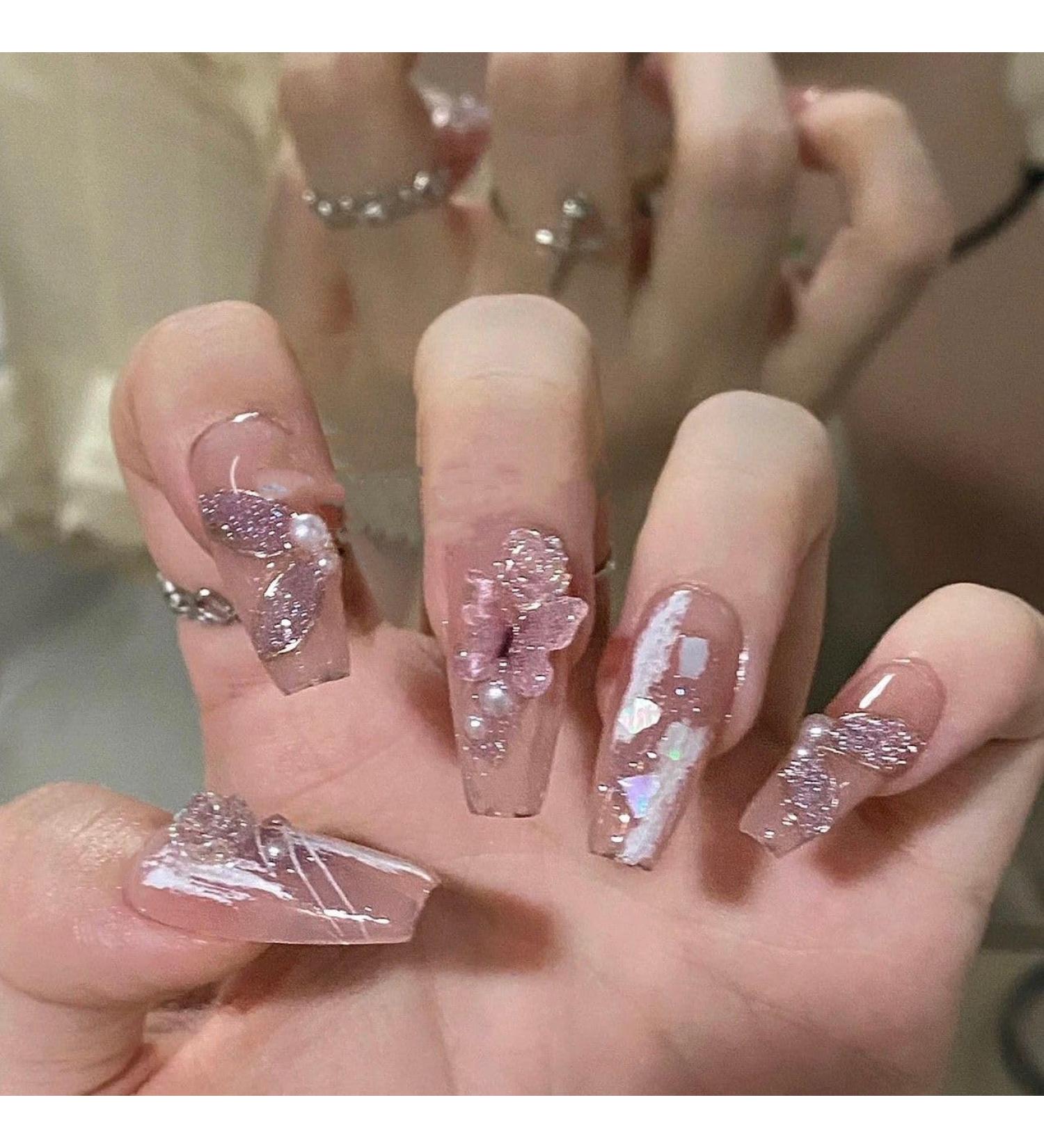 Ribbon Bow Phototherapy Nail Enhancement Tablets Temperament Halo Dye Long Trapezoidal Handmade Wearing Armor (Size : XS)