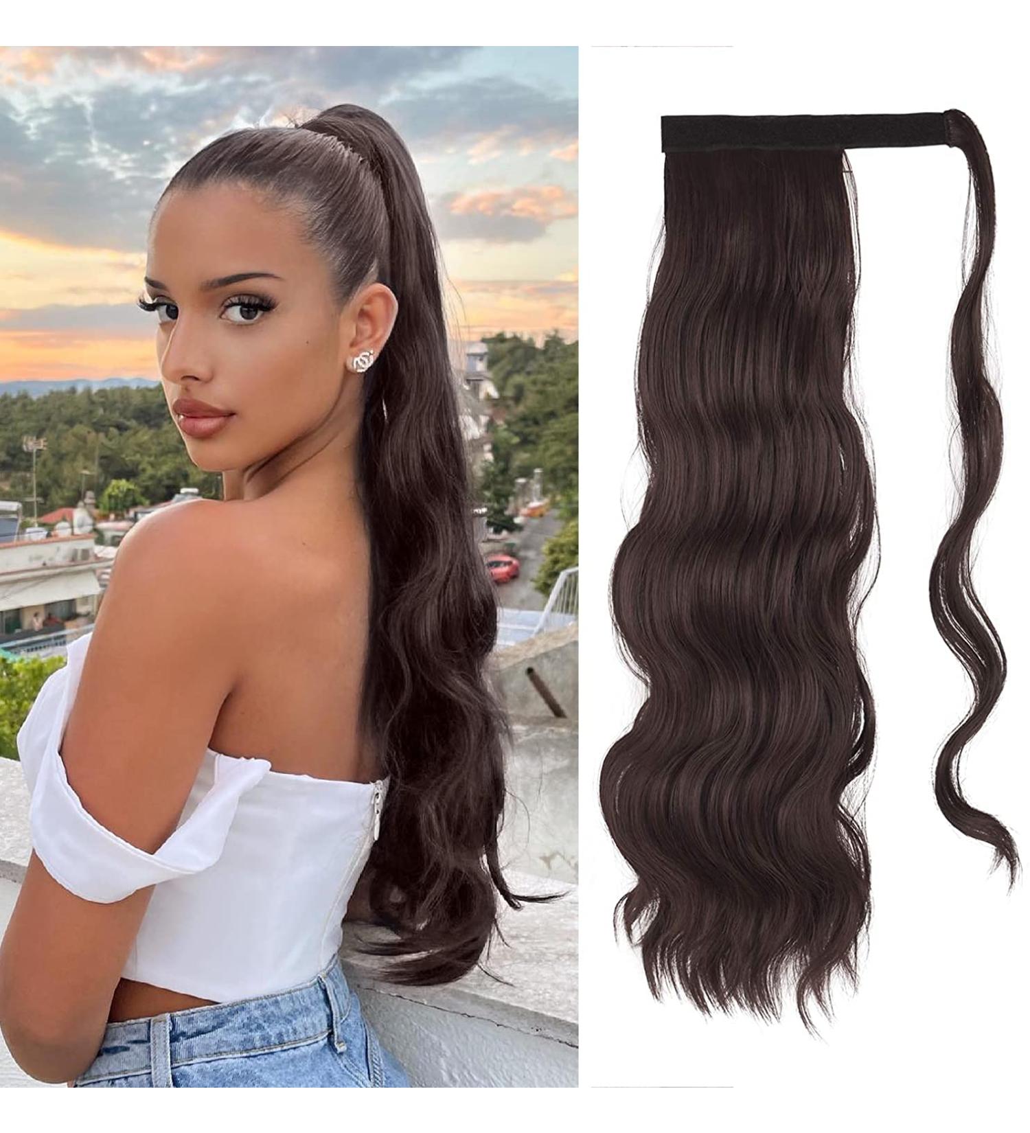 FESHFEN 60cm Long Wavy Ponytail Extension in Black Cherry Brown - Clip-in Synthetic Hairpiece for Women 23.62 inch - Buy Online on GoSupps.com