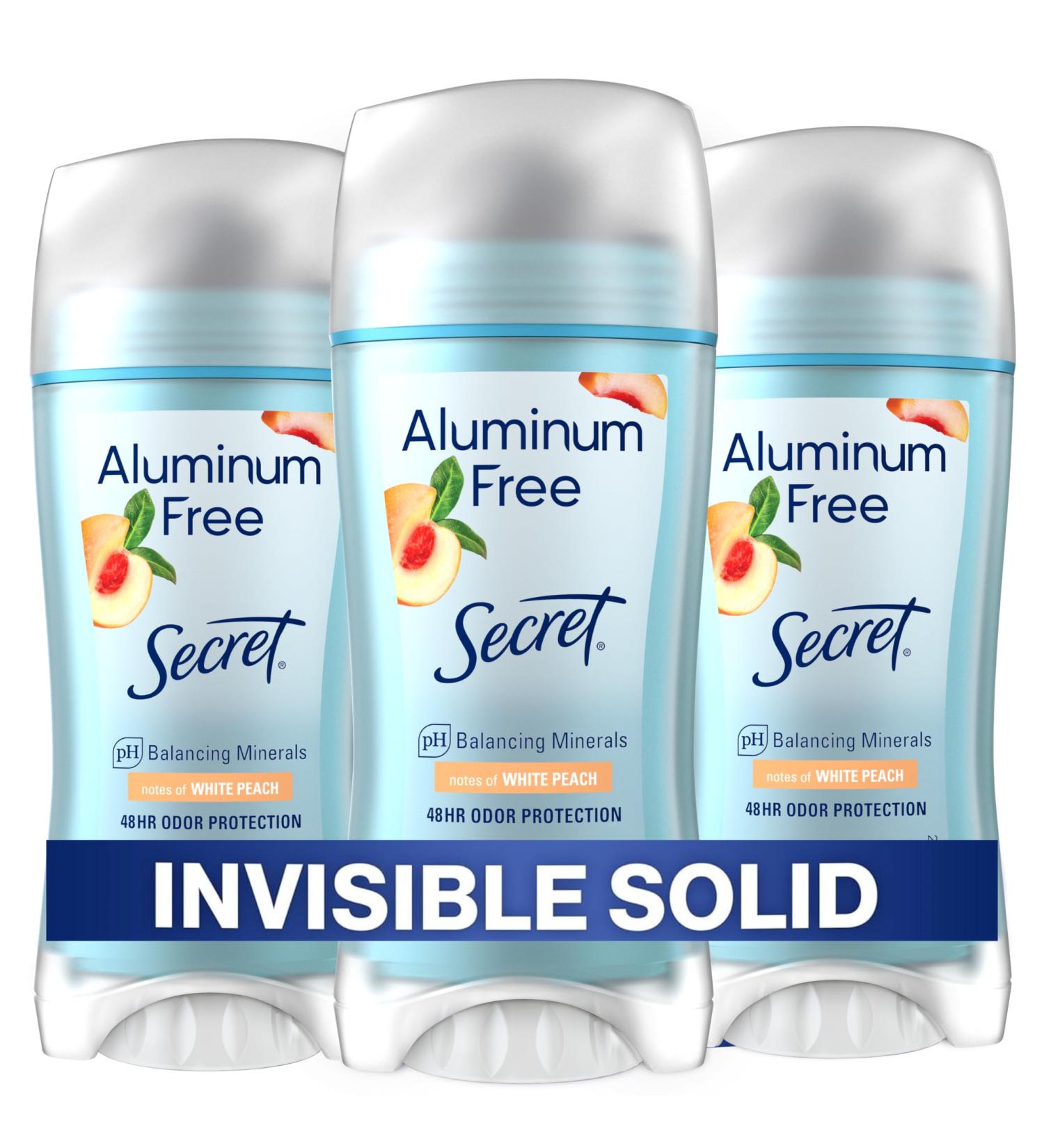 Secret Aluminum Free Deodorant for Women 48hr Odor Protection Free of Parabens Dyes Talc & Baking Soda PH Balancing Minerals Invisible Solid White Peach Scent 2.4 oz (Pack Of 3) White Peach 2.4 Ounce (Pack of 3) - Buy Online on GoSupps.com