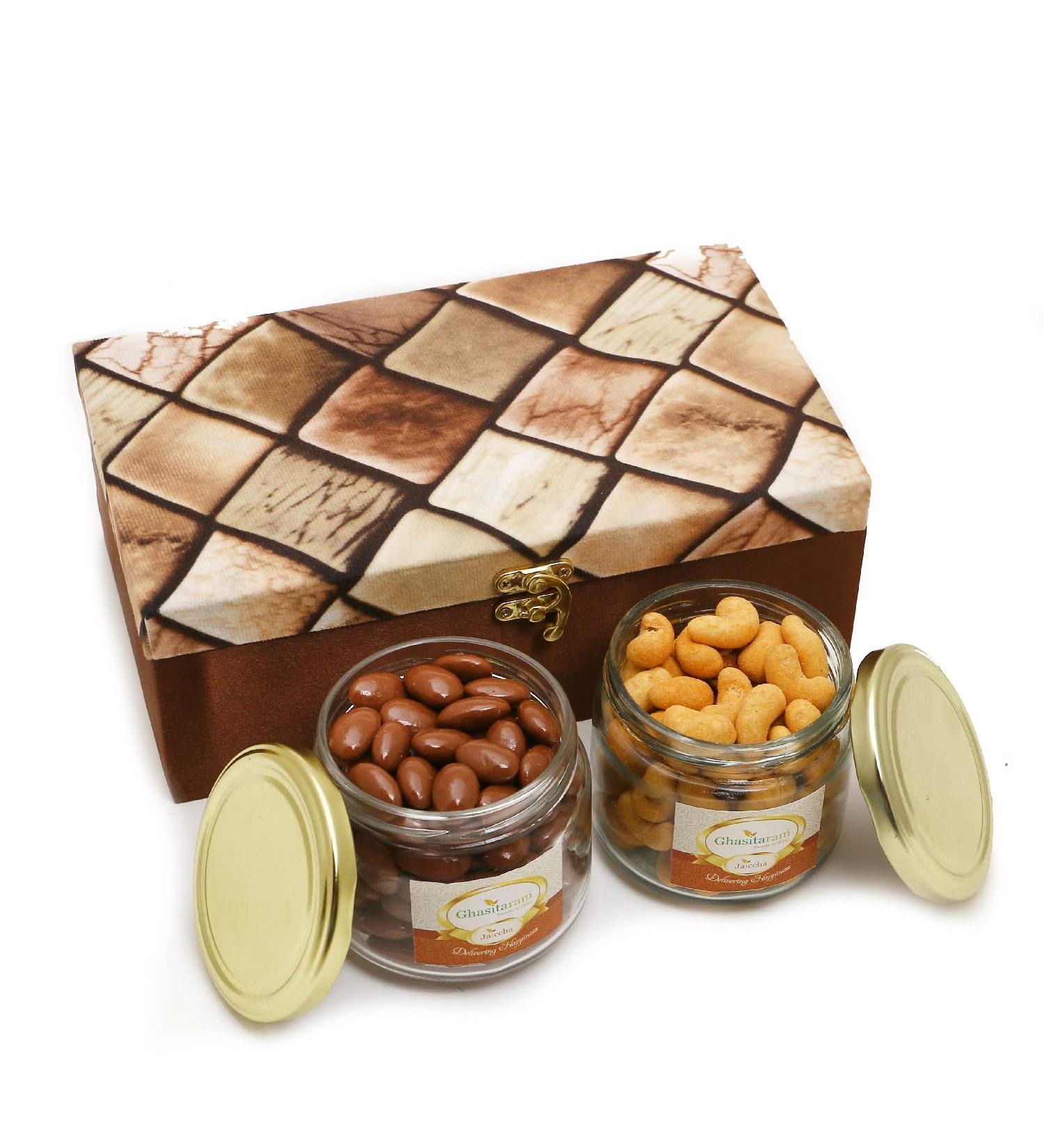 Jaiccha Ghasitaram Miracle Box of 2 Jars of Chocolate Coated Almonds and Crunchy Cashews|Gift for Diwali Gifts Holi Rakhi Valentine Christmas Birthday Anniversary Her Him| Box of 2 Jars of Choco Almonds & Crunchy Cashews - Buy Online on GoSupps.com