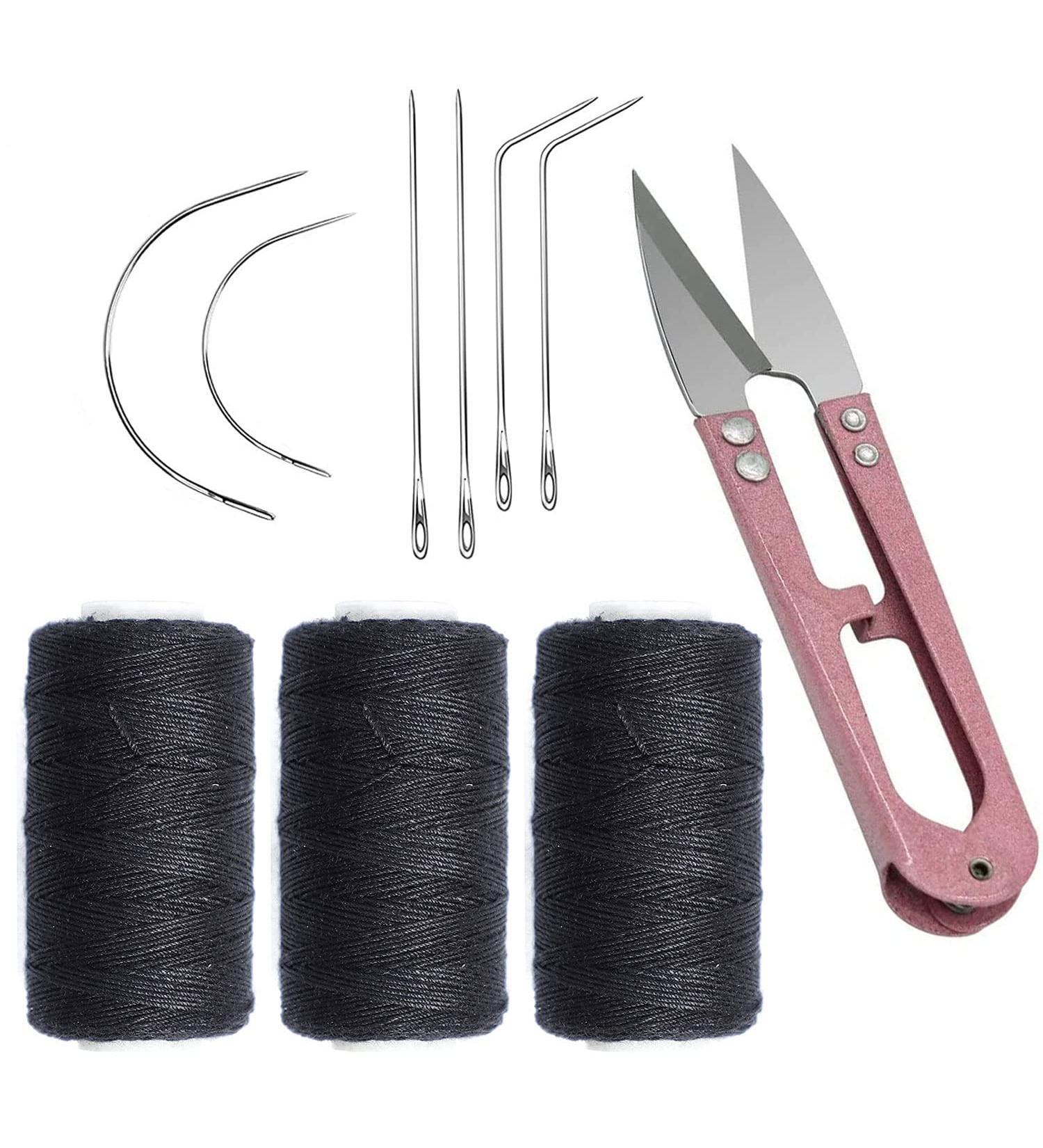 Weaving Needle and Threads Set with Stainless Steel Needles and Scissors for Hand Sewing Hair Extensions and Lace Wig DIY - 3 Rolls Black Thread - Buy Online on GoSupps.com