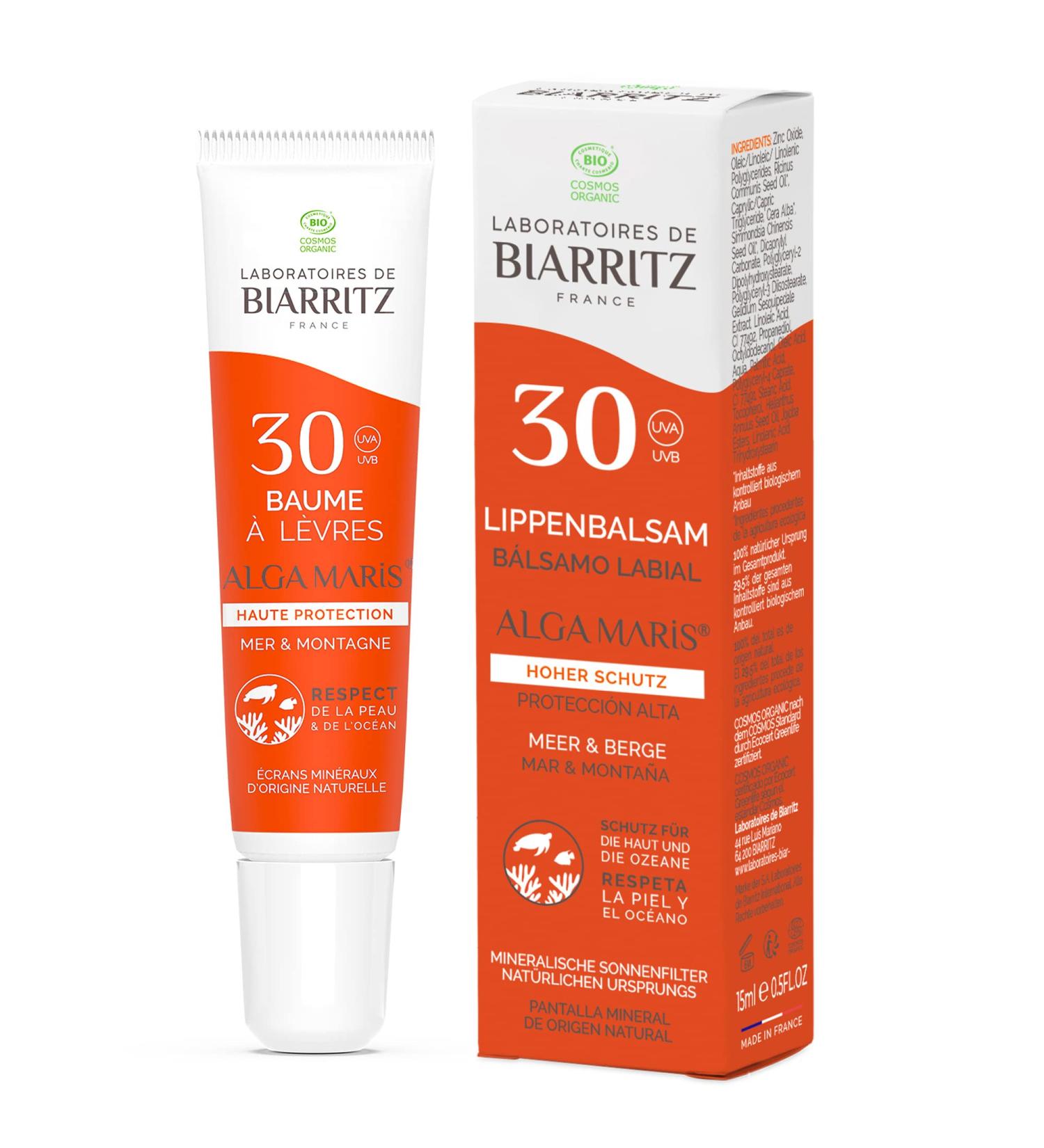 Laboratoires de Biarritz Alga Maris Bio Lip Balm - Meer & Mountains LSF30 - Hydrating Long-Lasting Protection 15ml - Certified Organic - Buy Online on GoSupps.com