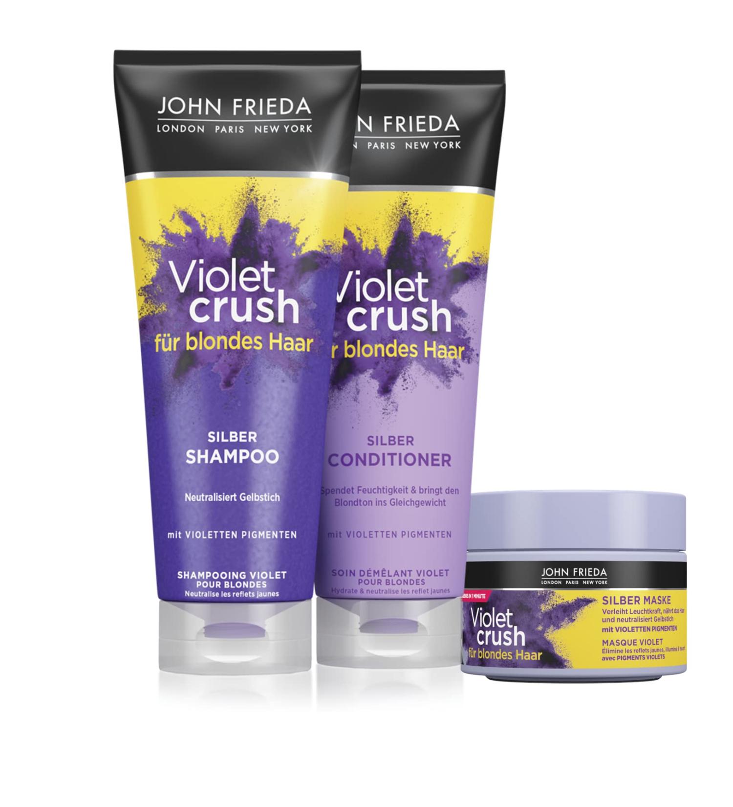 John Frieda Violet Crush Present pack-intensive silver shampoo 250 ml conditioner 250 ml & silver mask 250 ml-anti-yellowstitch-also against orange tones-with violet pigments bundle with (intensive silver shampoo + anti-yellowstitch conditioner + crush si