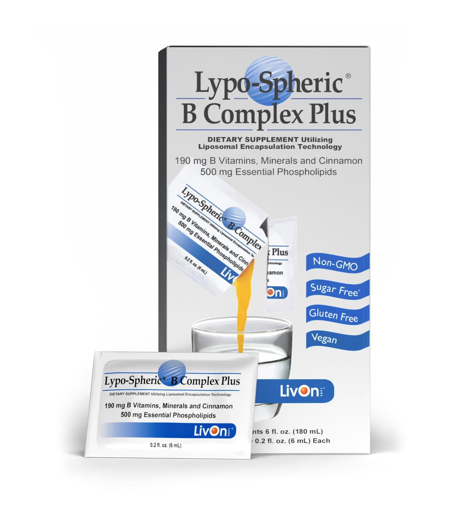 LivOn Laboratories Lypo-Spheric B Complex Plus 190 mg B Vitamins Minerals & Cinnamon Per Packet Liposome Encapsulated for Maximum Bioavailability Non-GMO Essential Phospholipids (1 Box) 30 Count (1 Pack) - Buy Online on GoSupps.com