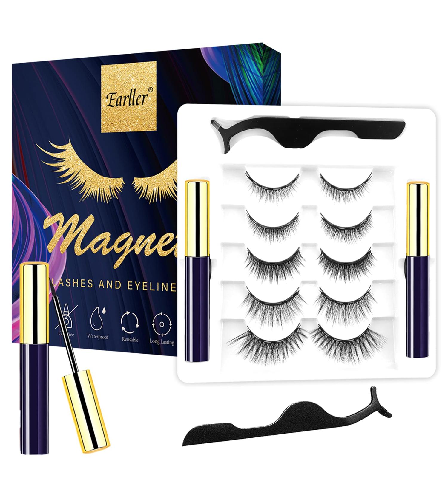 EARLLER 5 Pairs Natural Magnetic Eyelashes with Eyeliner Kit | 3D & 5D Reusable Dramatic Lashes - Buy Online on GoSupps.com