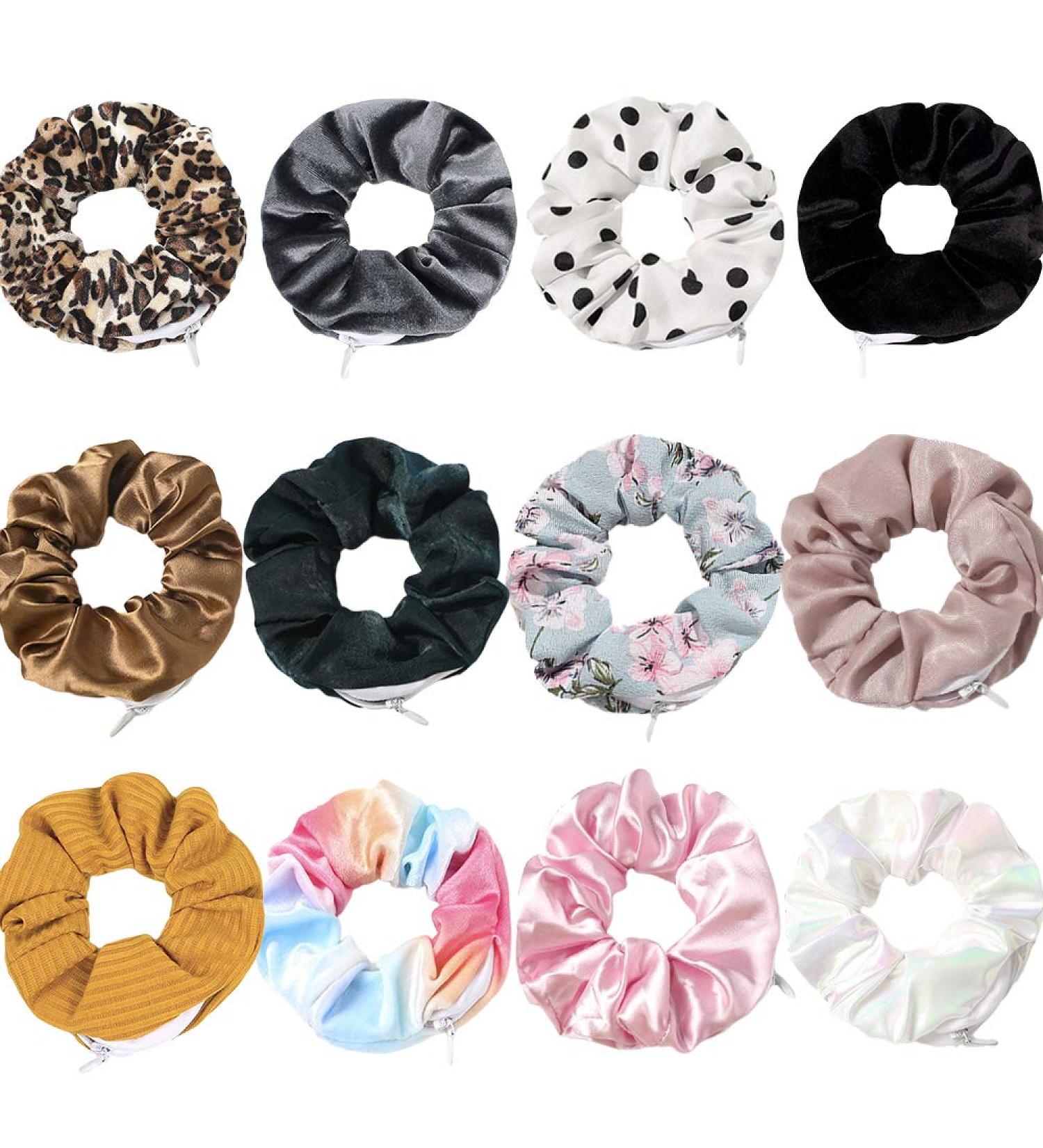 Premium Velvet Hair Tie Scrunchies with Hidden Zipper Pocket - 12 Pcs for VSCO Girls & Women | Chiffon Leopard Dots Plaid Hair Accessories - Buy Online on GoSupps.com