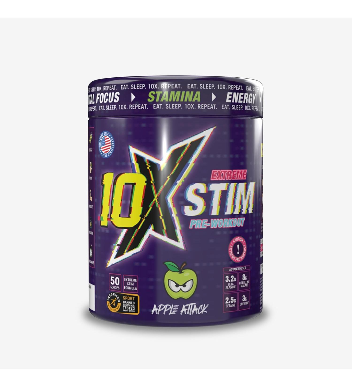 10X Athletic Stim Pre Workout Beta Alanine High Caffeine Creatine Sugar Free Vegan Low Calorie Various Flavours 600g 25/50 Servings (Apple Attack) - Buy Online on GoSupps.com
